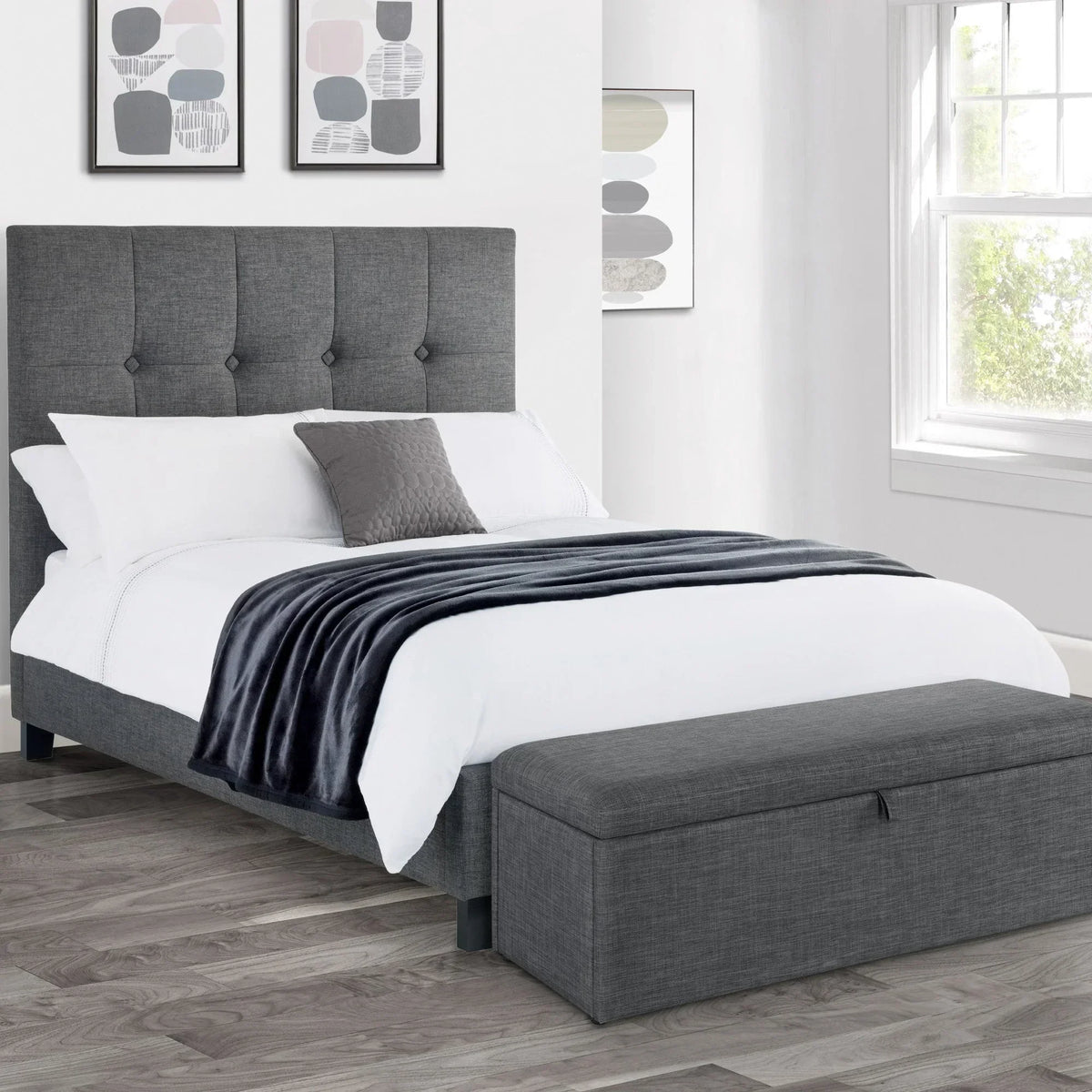 Sorrento linen king size bed in slate with matching ottoman in modern bright bedroom