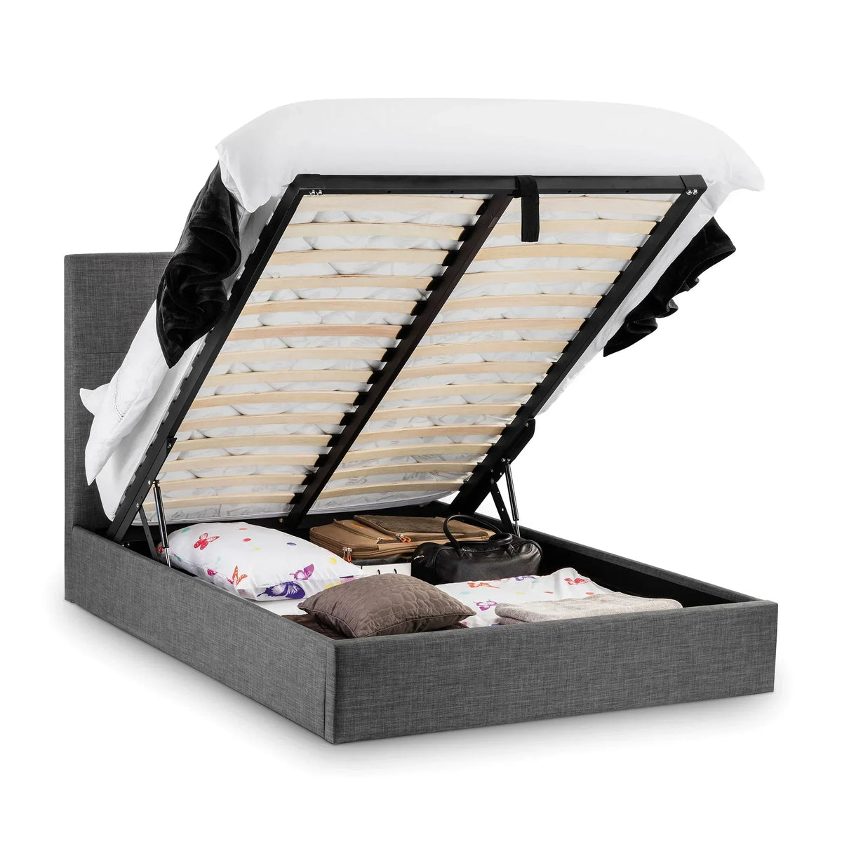 Slate linen ottoman storage double bed with mattress lifted to show underbed storage space