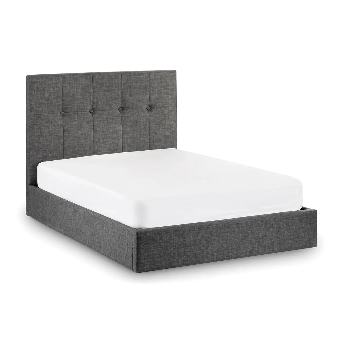 Slate grey linen storage double bed with tufted headboard and mattress, angled view
