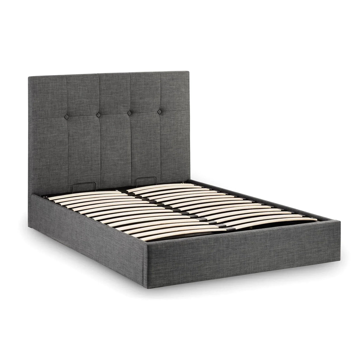 Slate grey linen ottoman storage double bed with tufted headboard and wooden slats