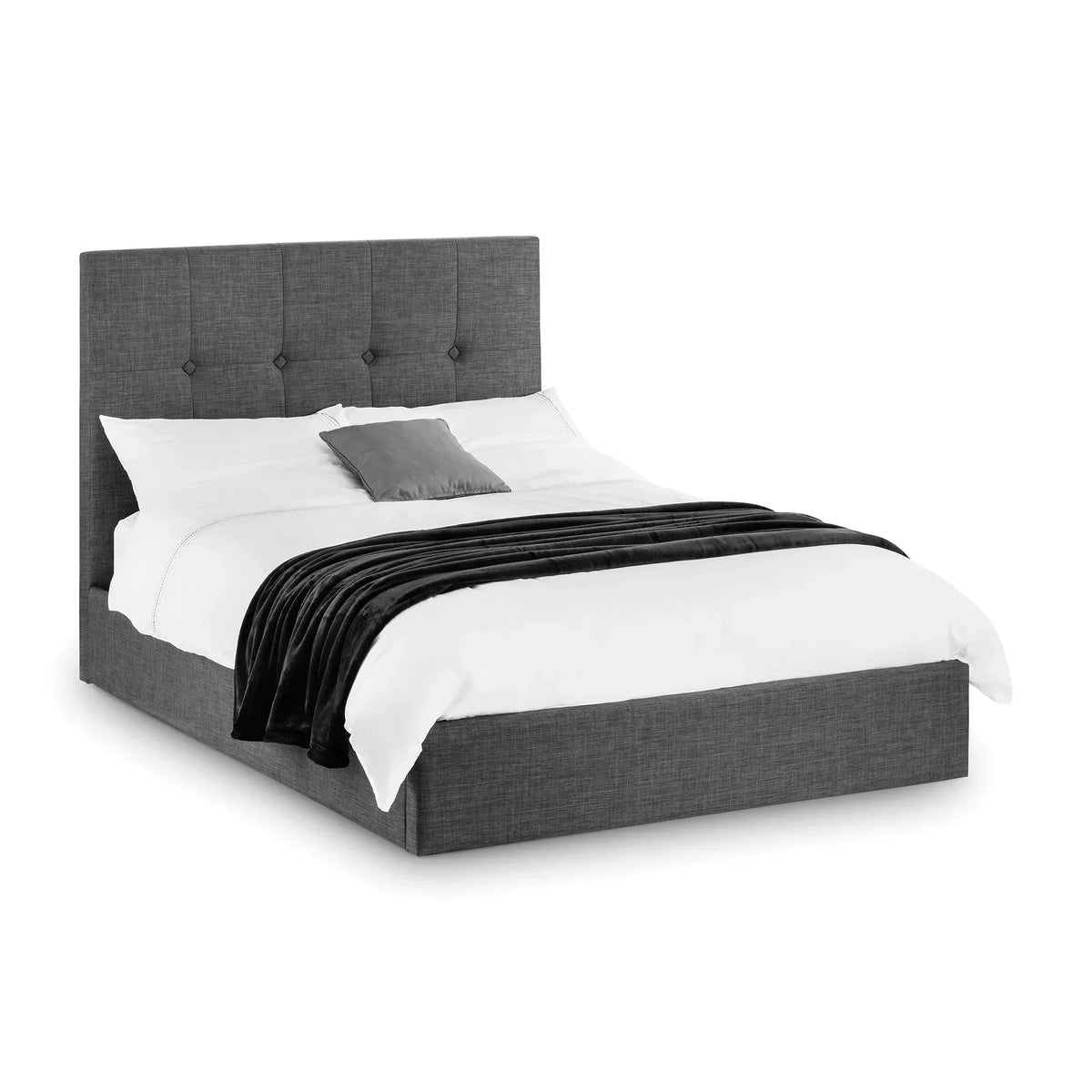 Slate grey linen ottoman storage double bed with tufted headboard and bedding