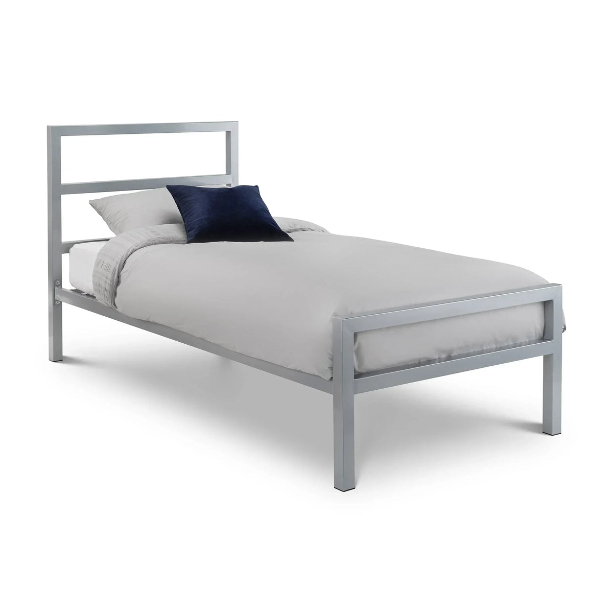 Single silver metal bed frame with rectangular headboard and white bedding