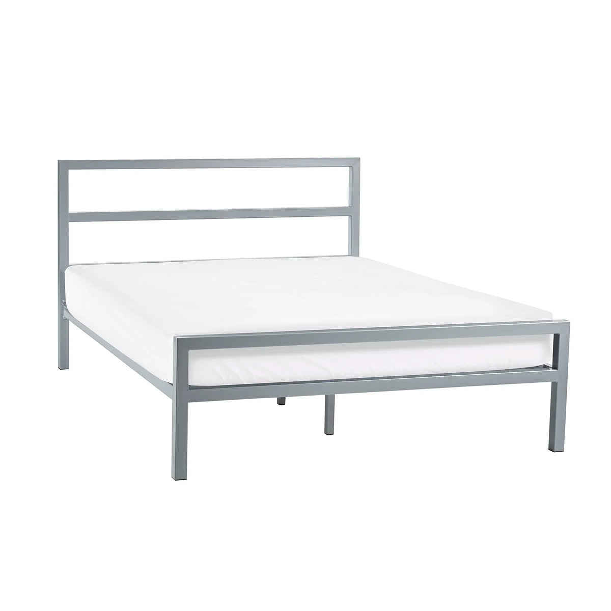 Silver metal bed frame with horizontal slat headboard and white mattress, front angle view