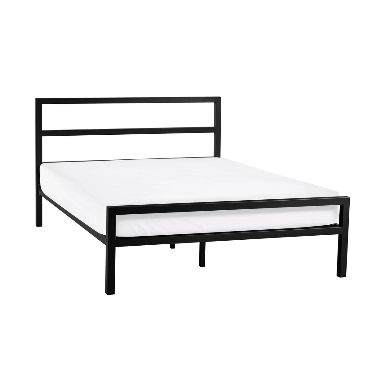 Black metal bed frame with simple headboard and white mattress on white background