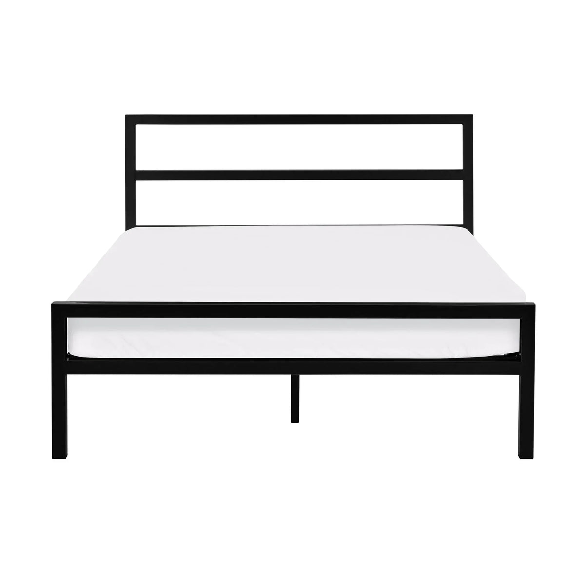 Black metal bed frame with horizontal slat headboard and white mattress, front view