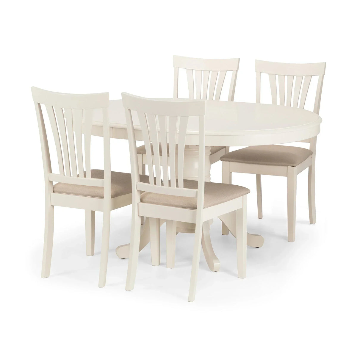 Ivory dining table set with four matching chairs featuring beige cushioned seats