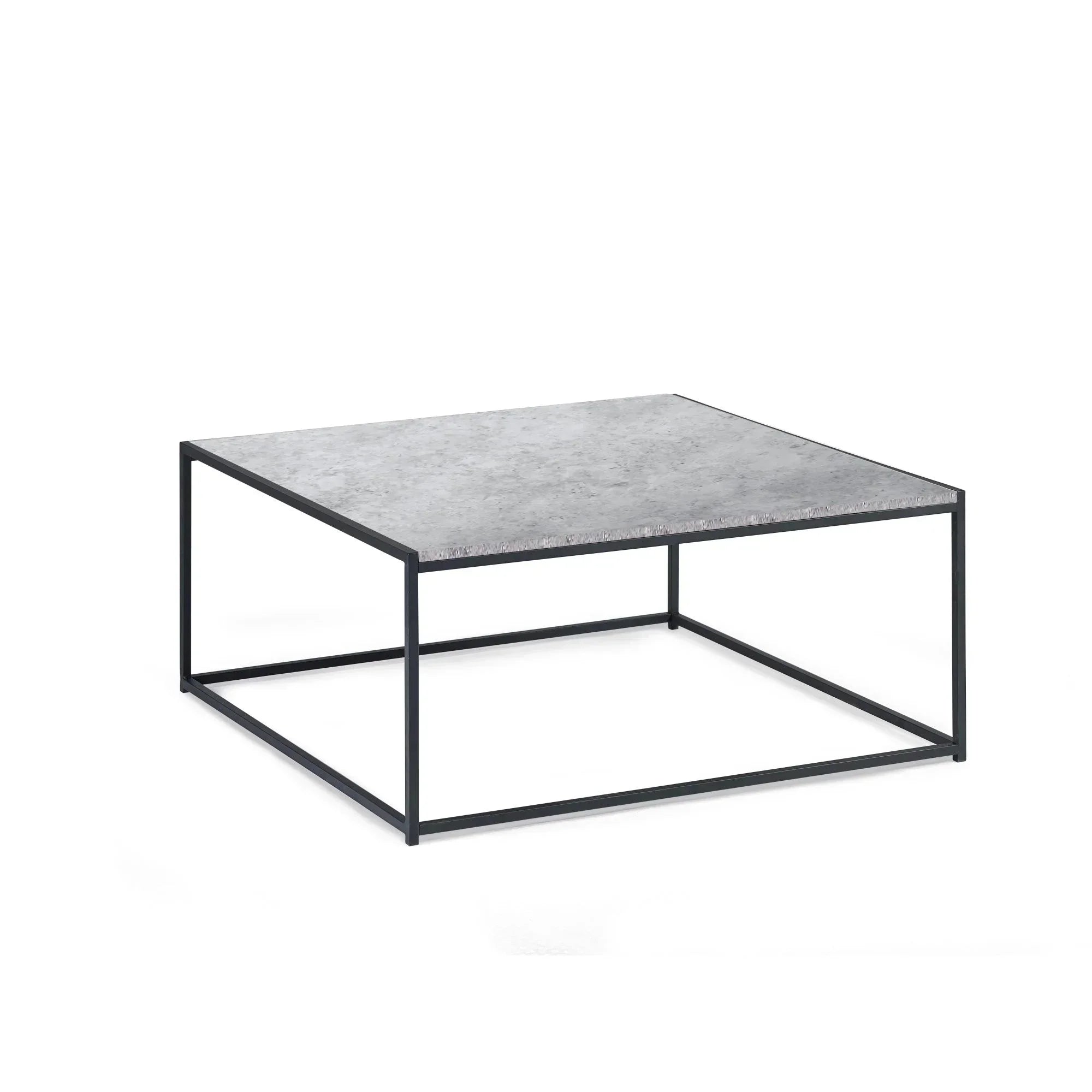 Square coffee table with concrete effect top and black metal frame