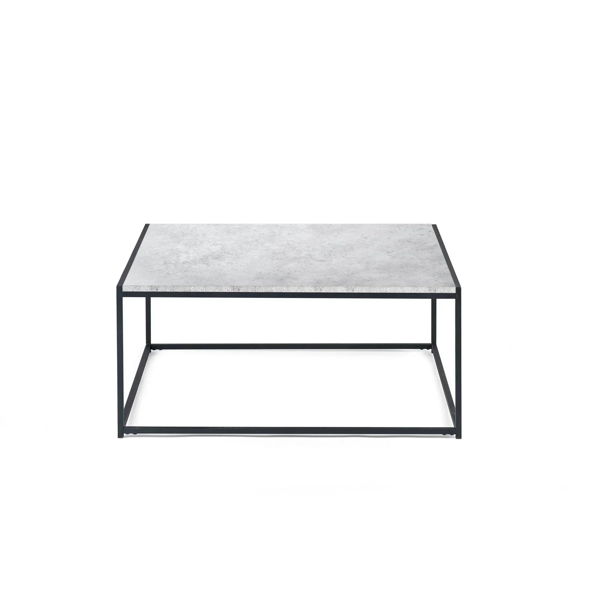 Rectangular coffee table with light grey stone top and black metal frame, front view