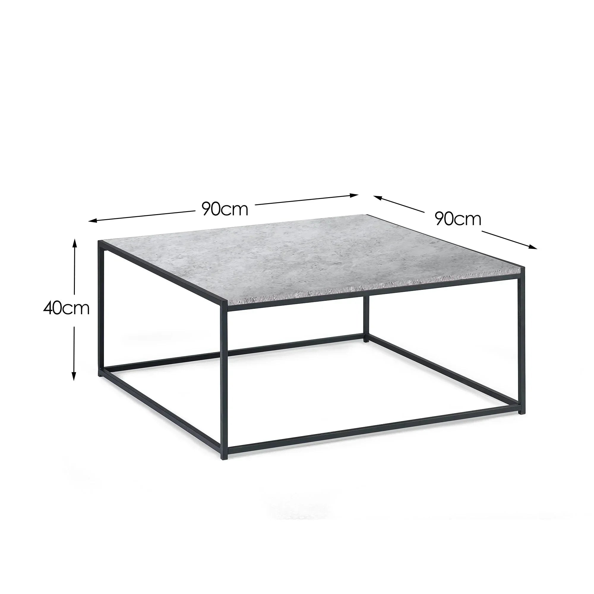 Square coffee table with grey stone-effect top and black metal frame, dimensions 90x90x40cm