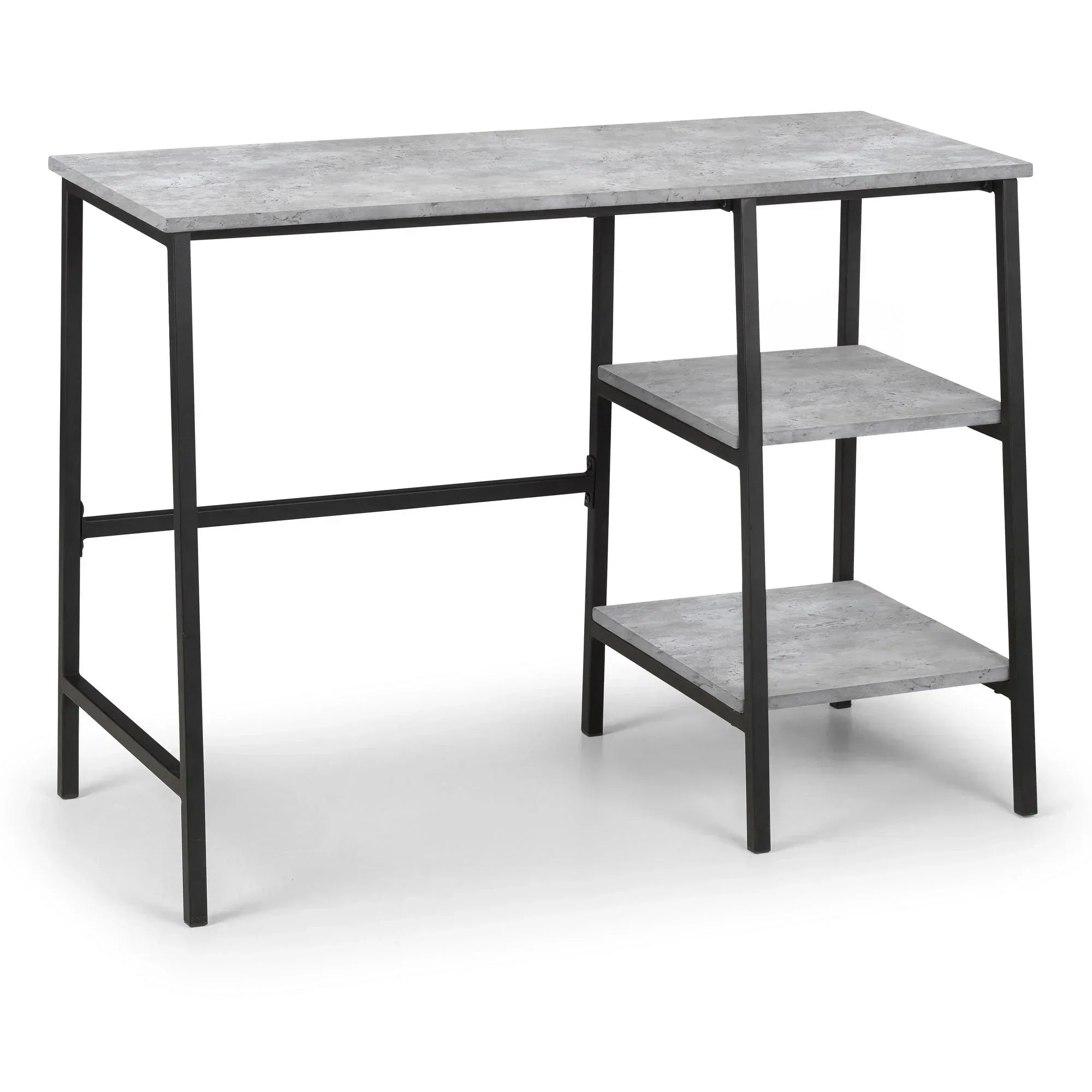 Concrete effect desk with black metal frame and two side shelves