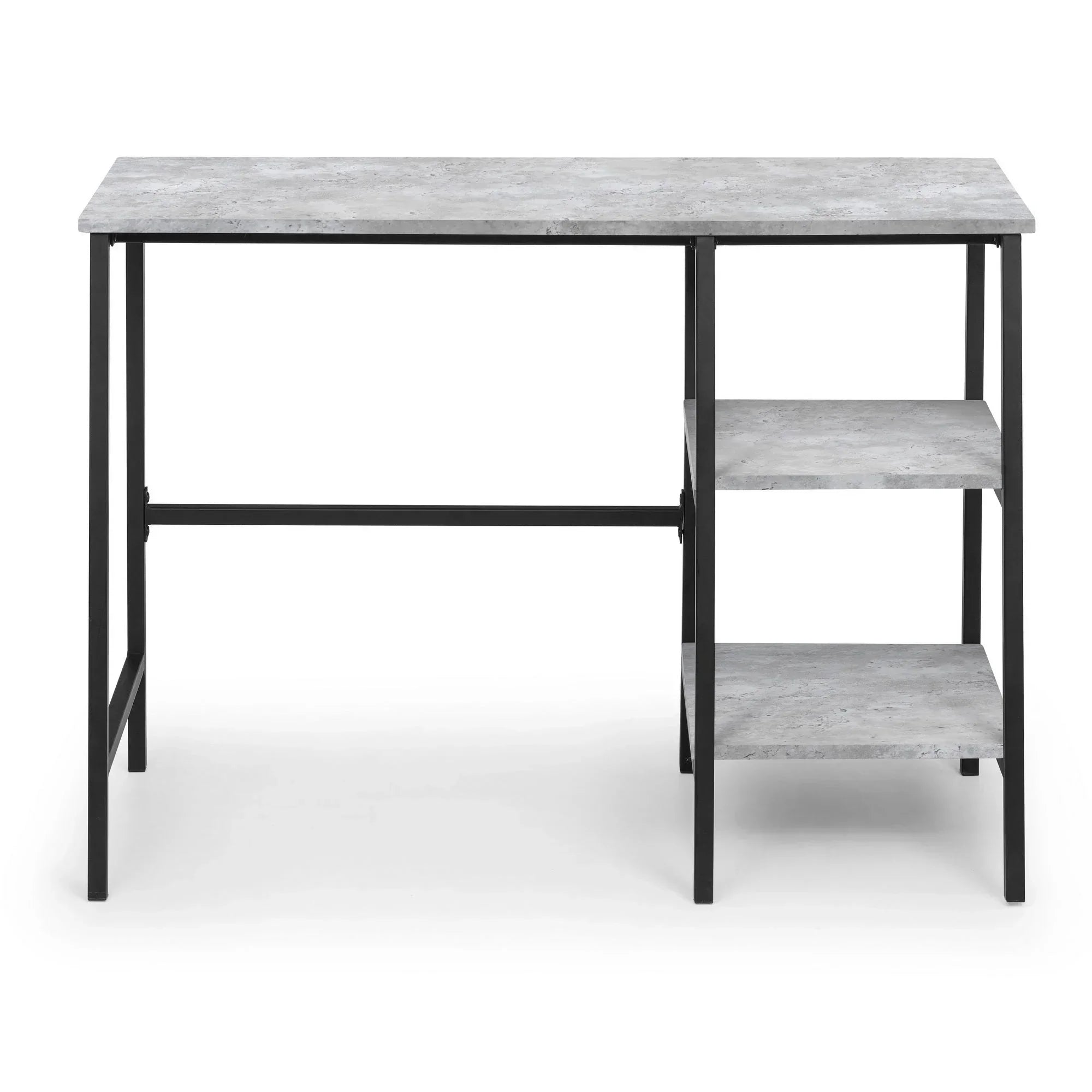 concrete effect desk with black metal frame and two side storage shelves