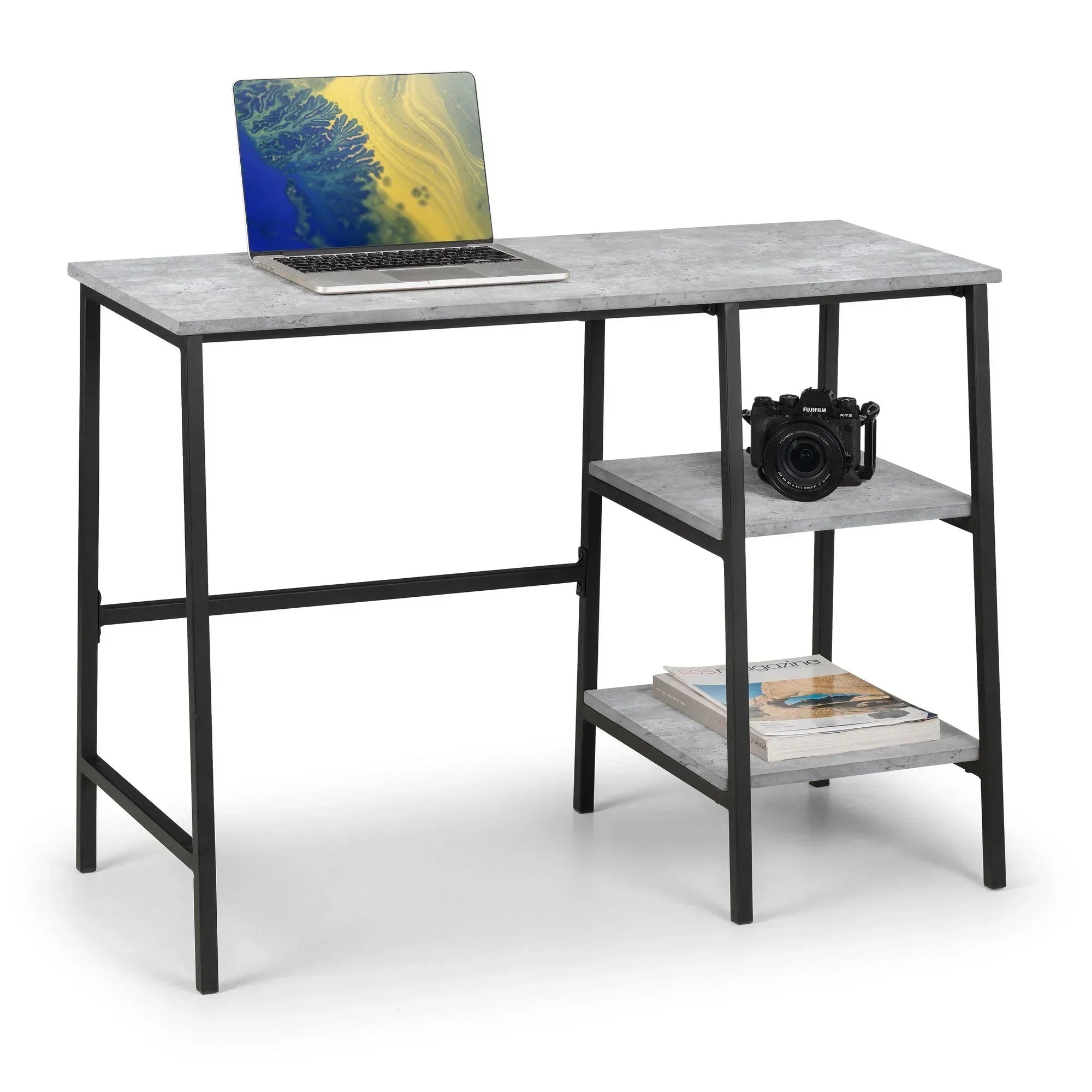 Modern home office desk with concrete finish, black metal frame, two side shelves, laptop on top