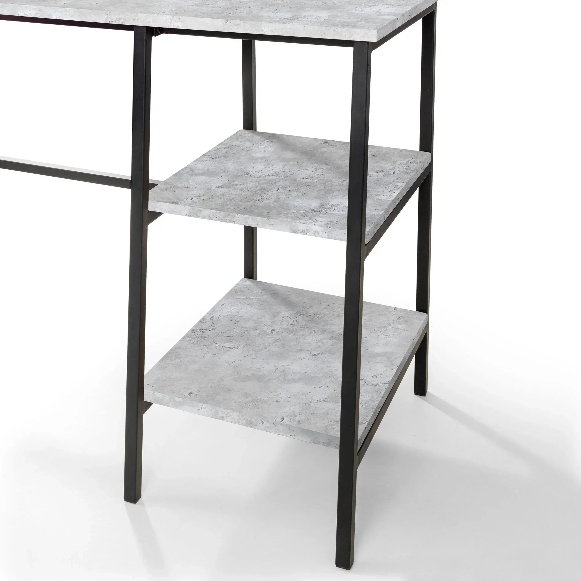 Concrete effect desk with black metal frame and two open side shelves