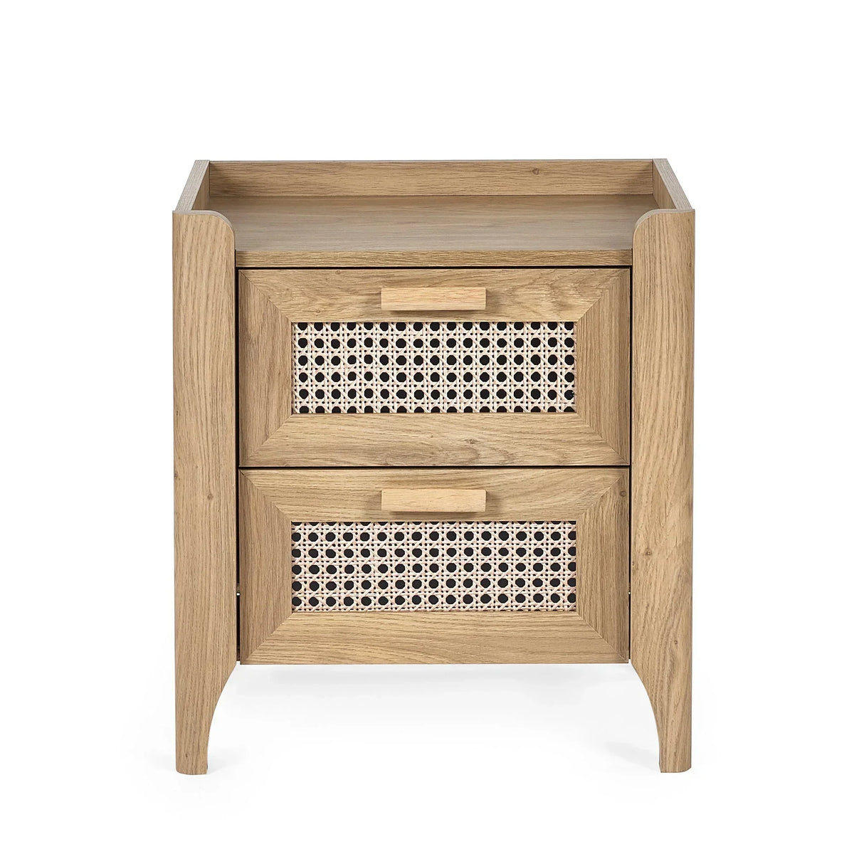 Sydney rattan effect 2 drawer bedside table with natural wood finish, front view