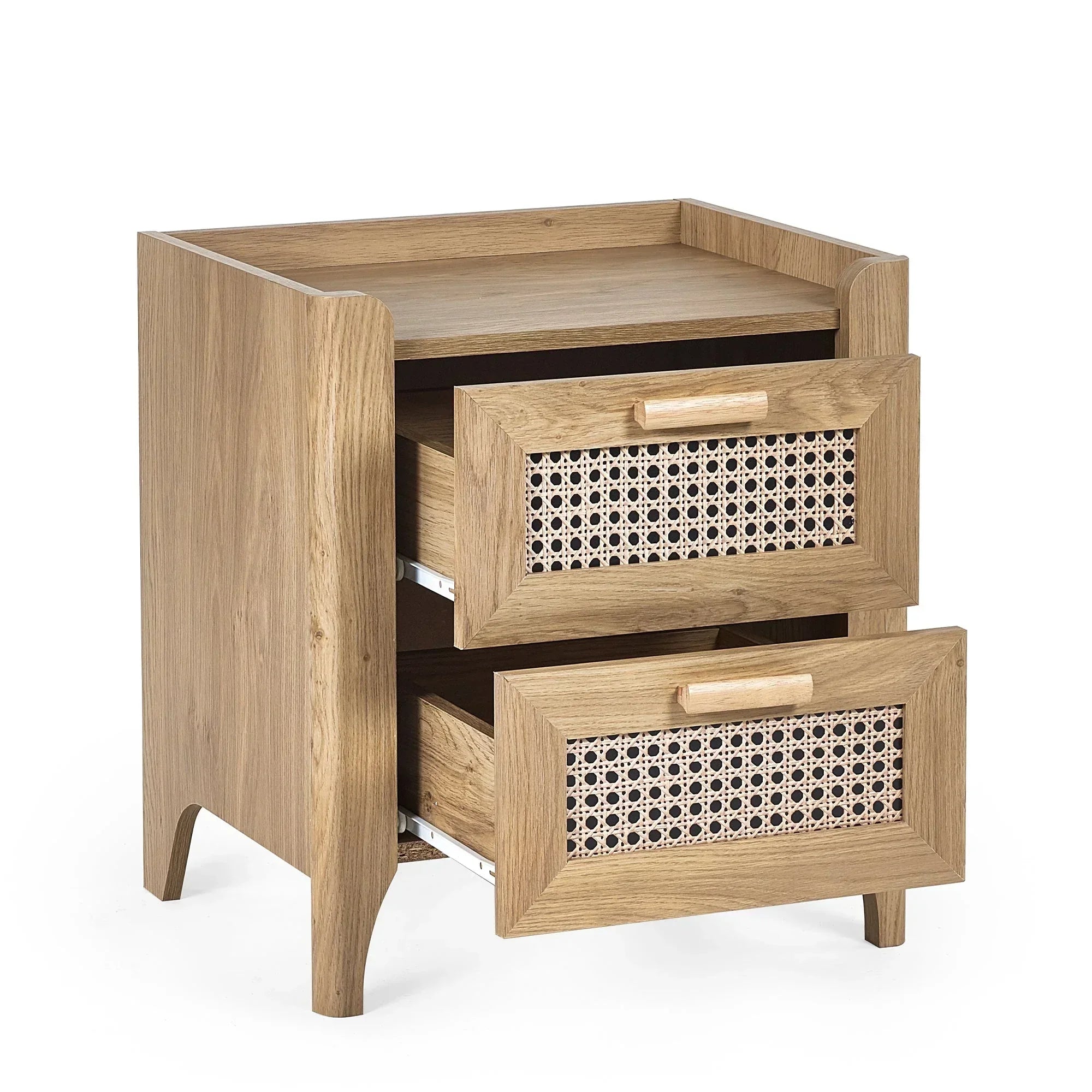 Rattan effect two drawer bedside table with open drawers and wood finish