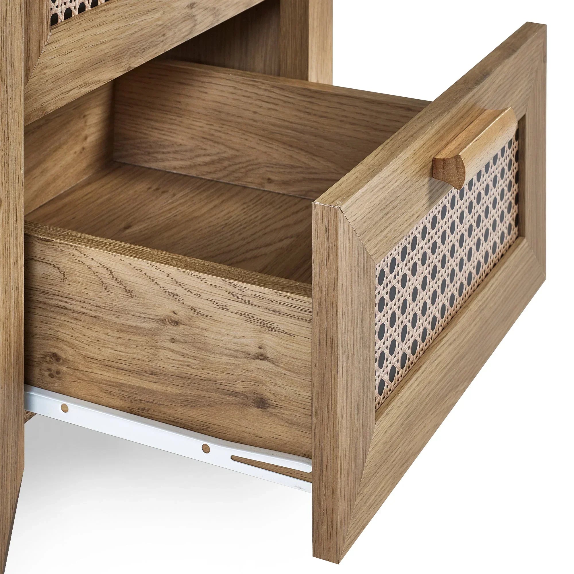 Sydney rattan effect bedside table with open drawer showing wood grain and cane panel