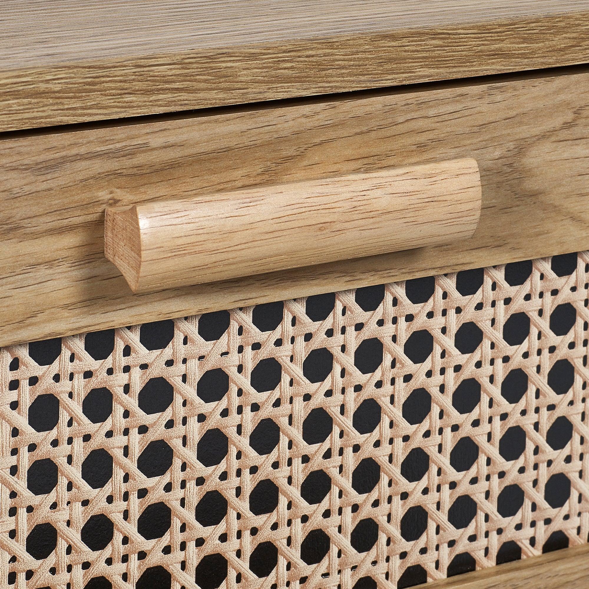 Sydney rattan effect bedside table close-up of wood grain and woven drawer front