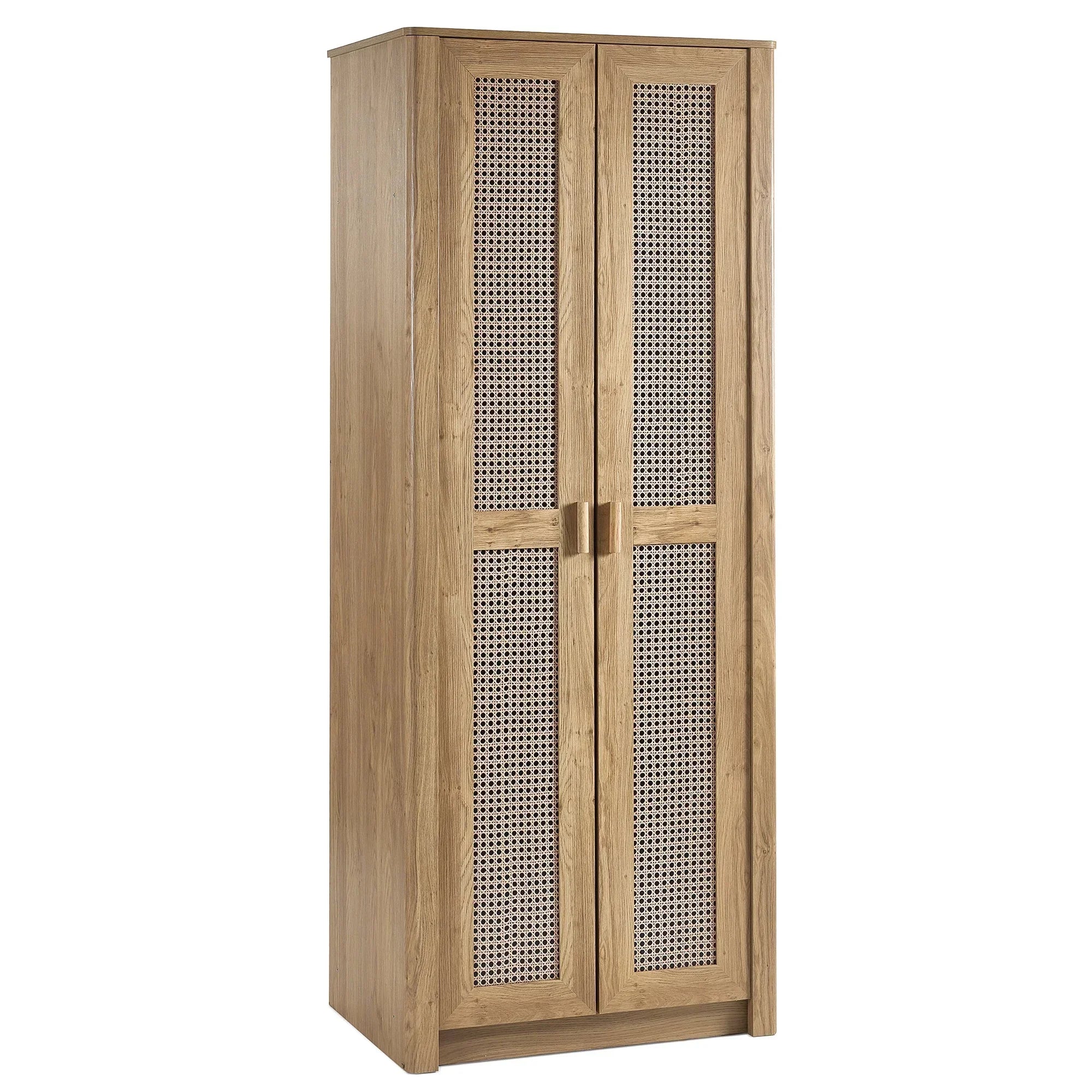 Rattan effect 2 door wardrobe with wood frame and cane panel doors, angled front view