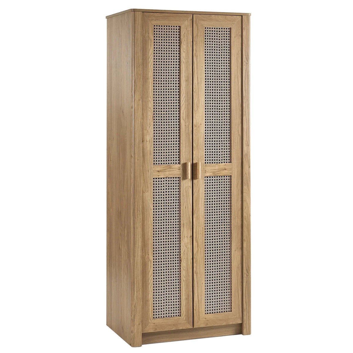 Rattan effect 2 door wardrobe with wood frame and cane panel doors, angled front view