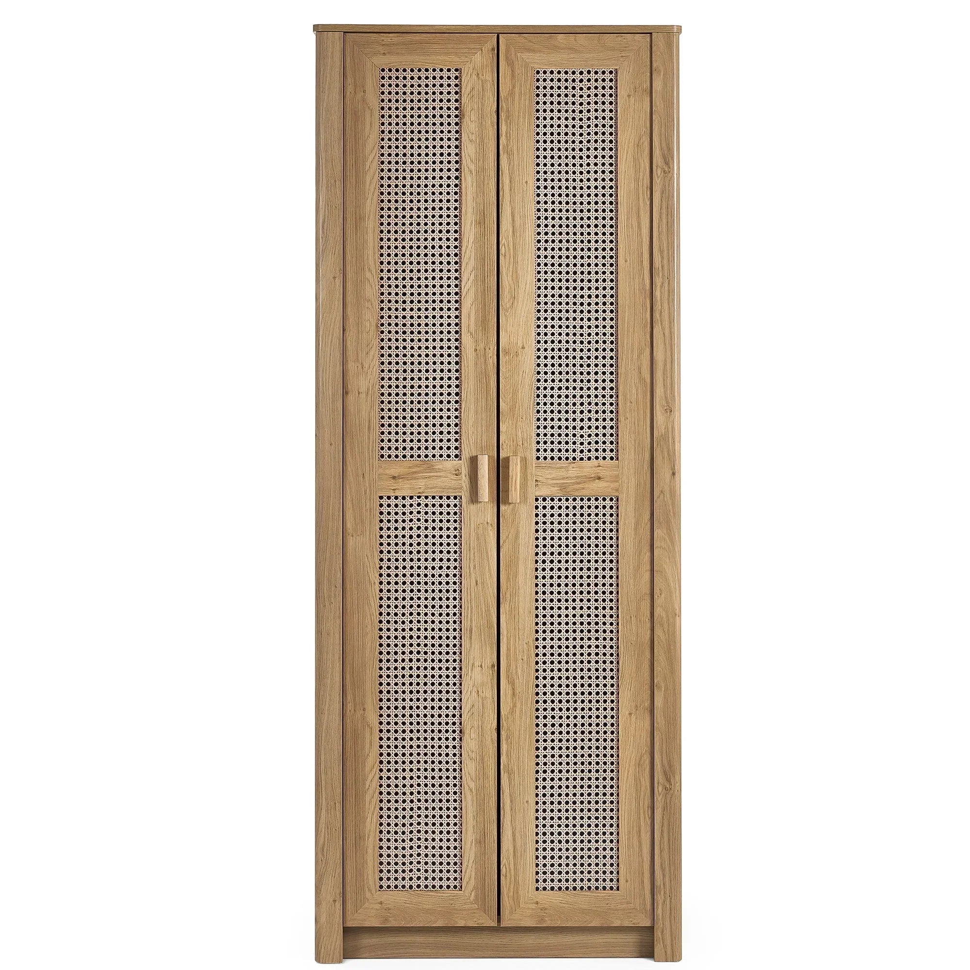 Sydney rattan effect two-door wardrobe with natural wood finish and woven panel doors