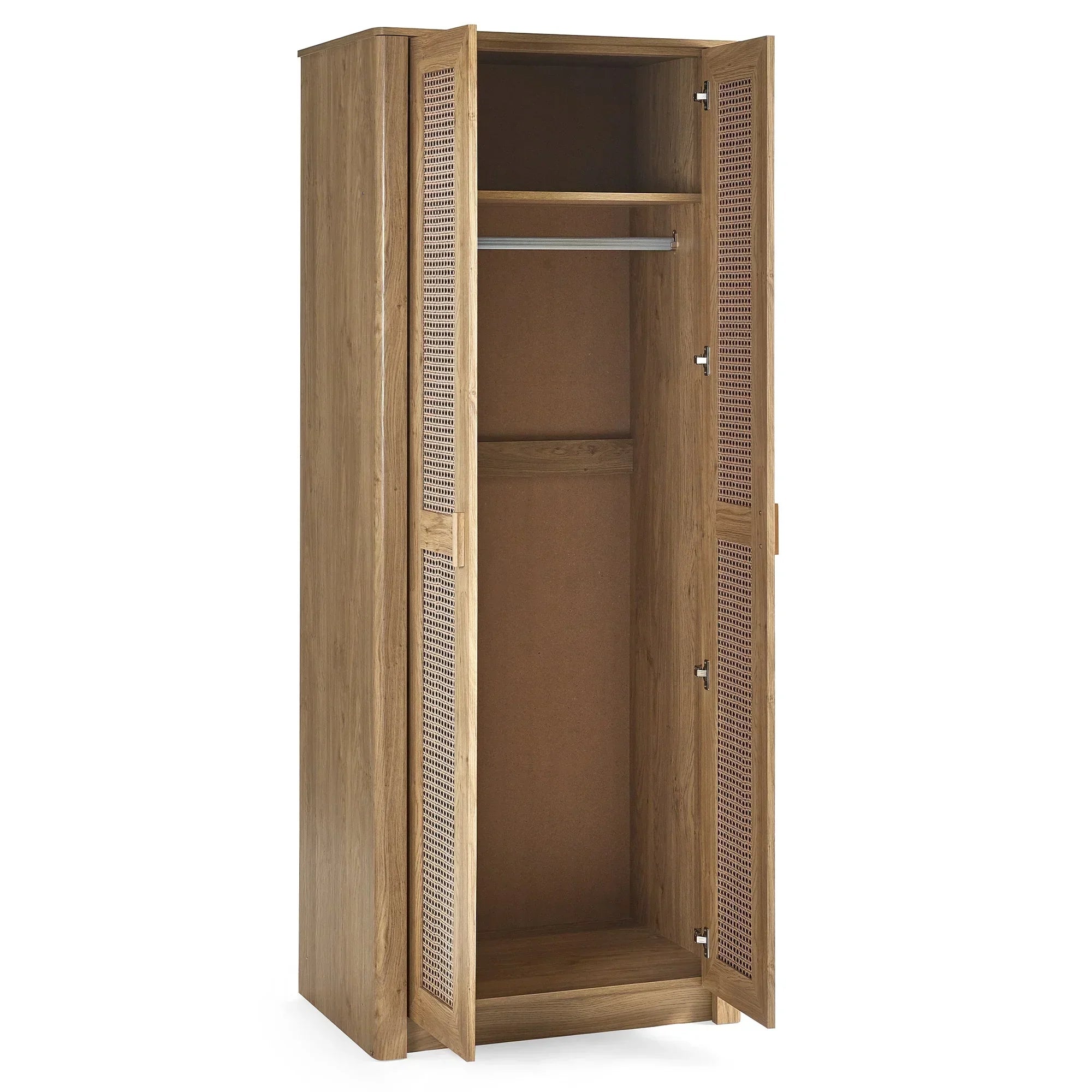 Rattan effect 2 door wardrobe open showing hanging rail and storage shelf