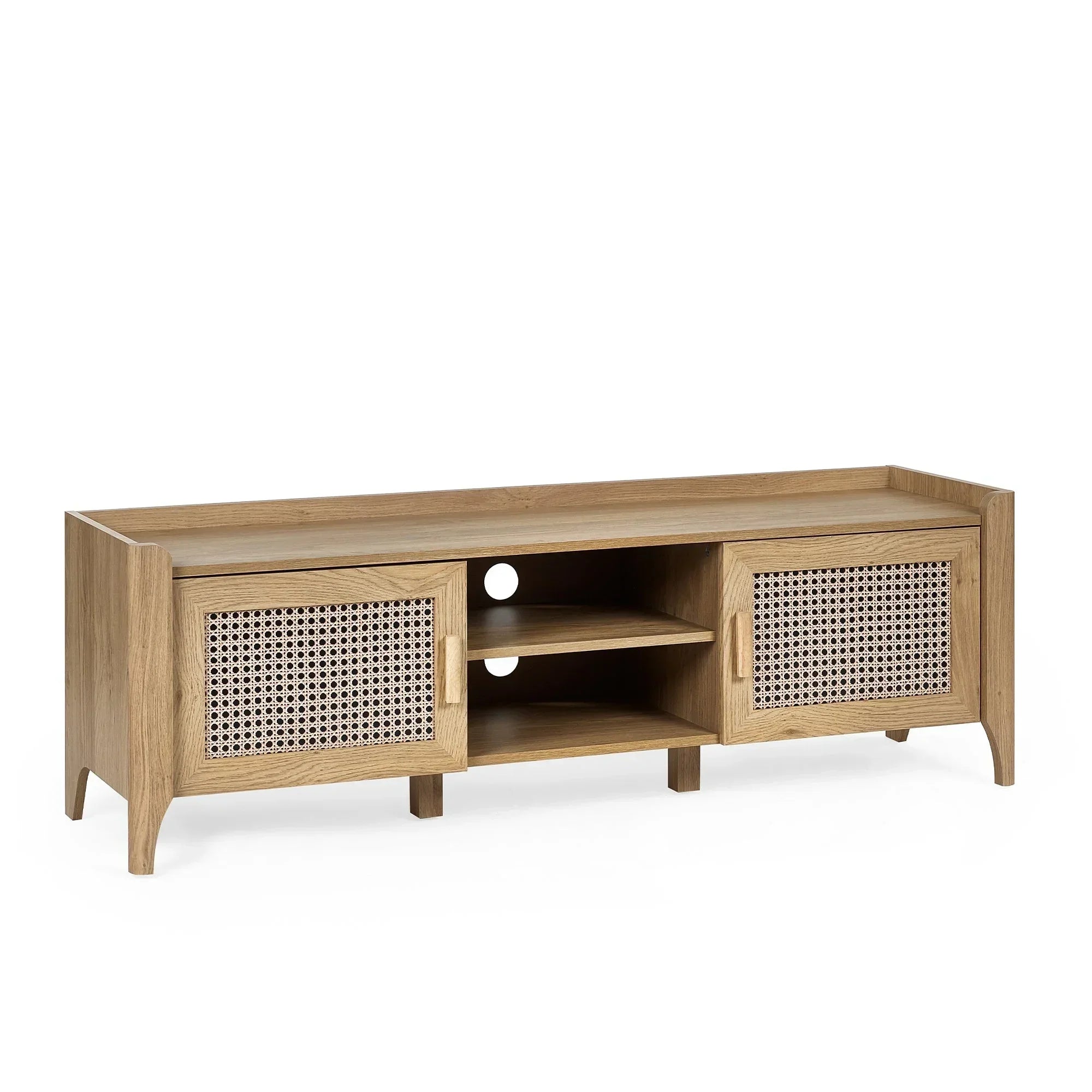 Rattan effect media unit with natural wood finish, two doors and open shelving for storage
