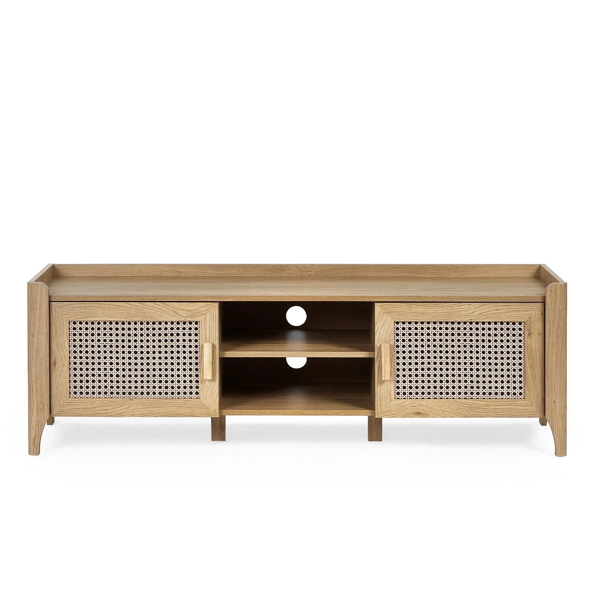 Rattan effect media unit with wood frame, dual shelves and two cabinet doors, front view