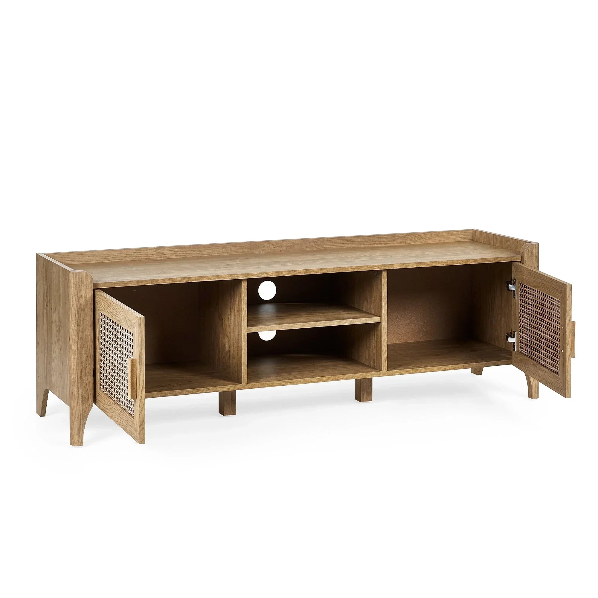 Sydney rattan effect media unit with open doors, shelving and cable management holes