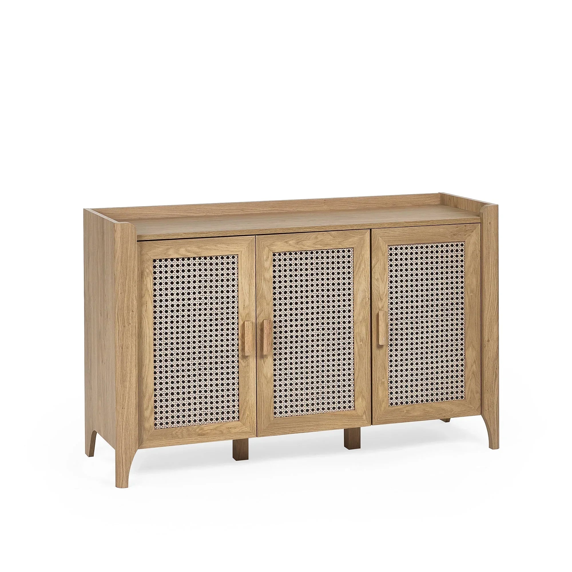 Natural rattan effect sideboard with three doors and wooden frame, front view