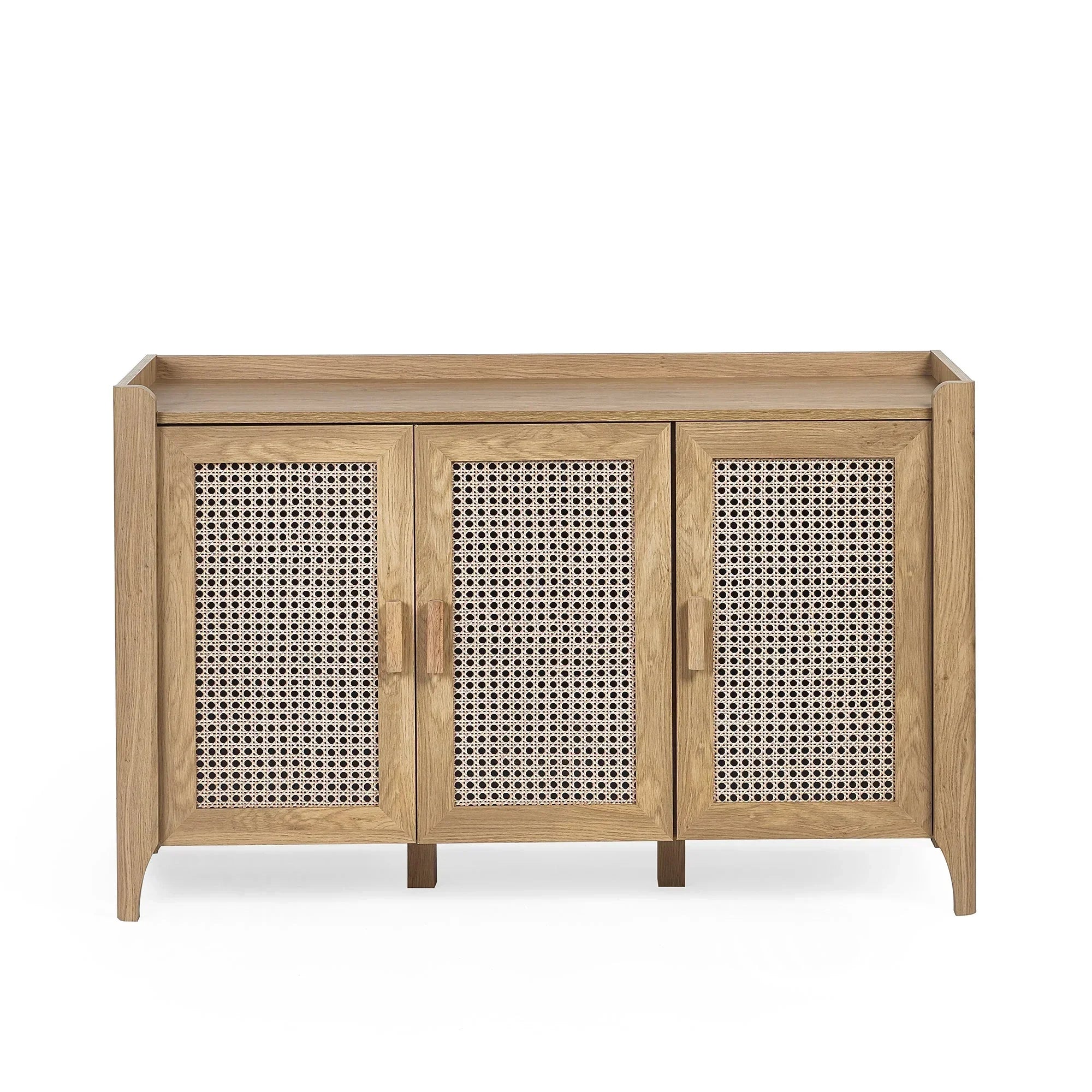 Sydney rattan sideboard with three doors and natural wood finish, front view
