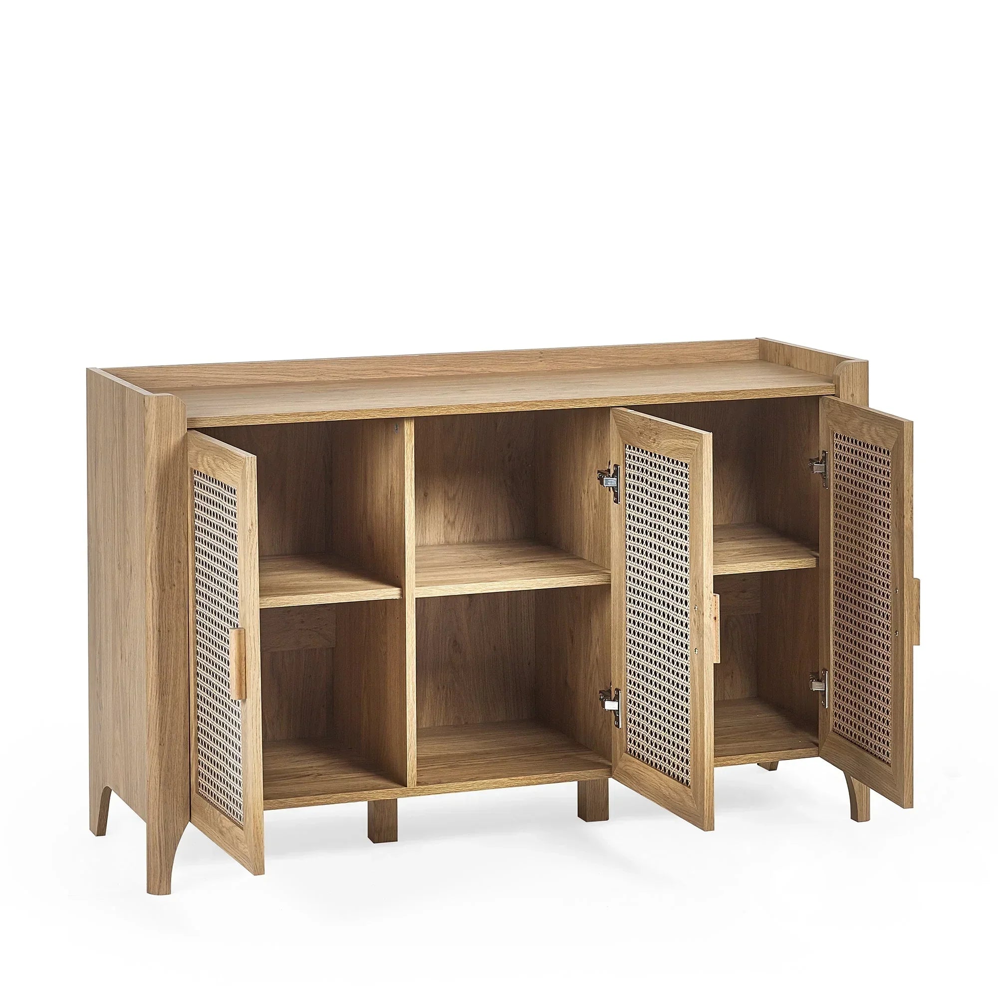 Rattan effect sideboard with three open doors and internal shelving in light oak finish