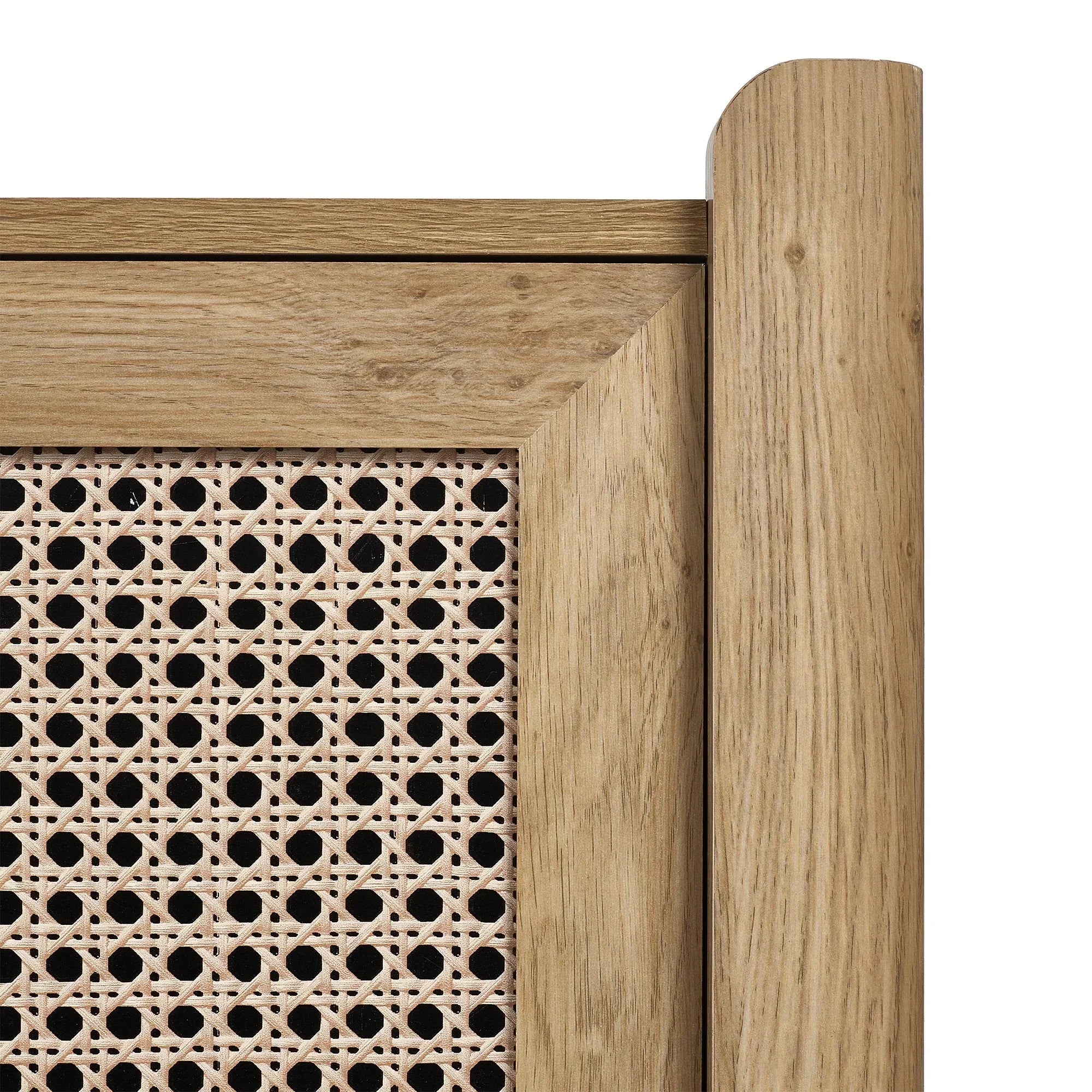 Closeup of rattan effect sideboard door with natural wood frame and woven panel