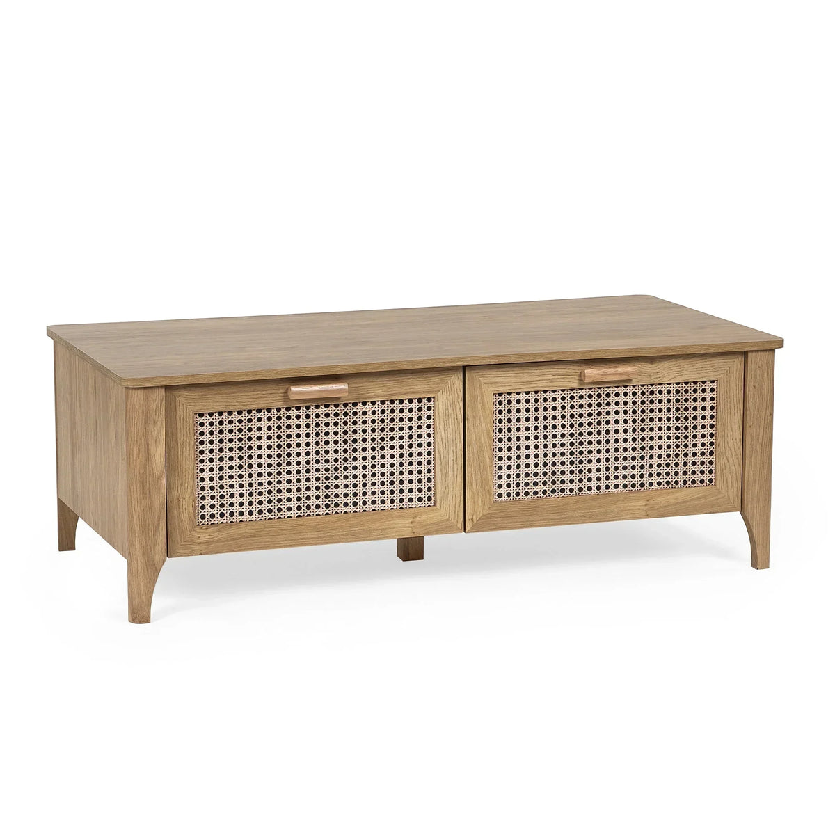 Sydney rattan effect coffee table with two drawers and light wood finish on white background