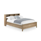 Oak wood bed with blue throw and pillow on white bedding, showing front and side angles