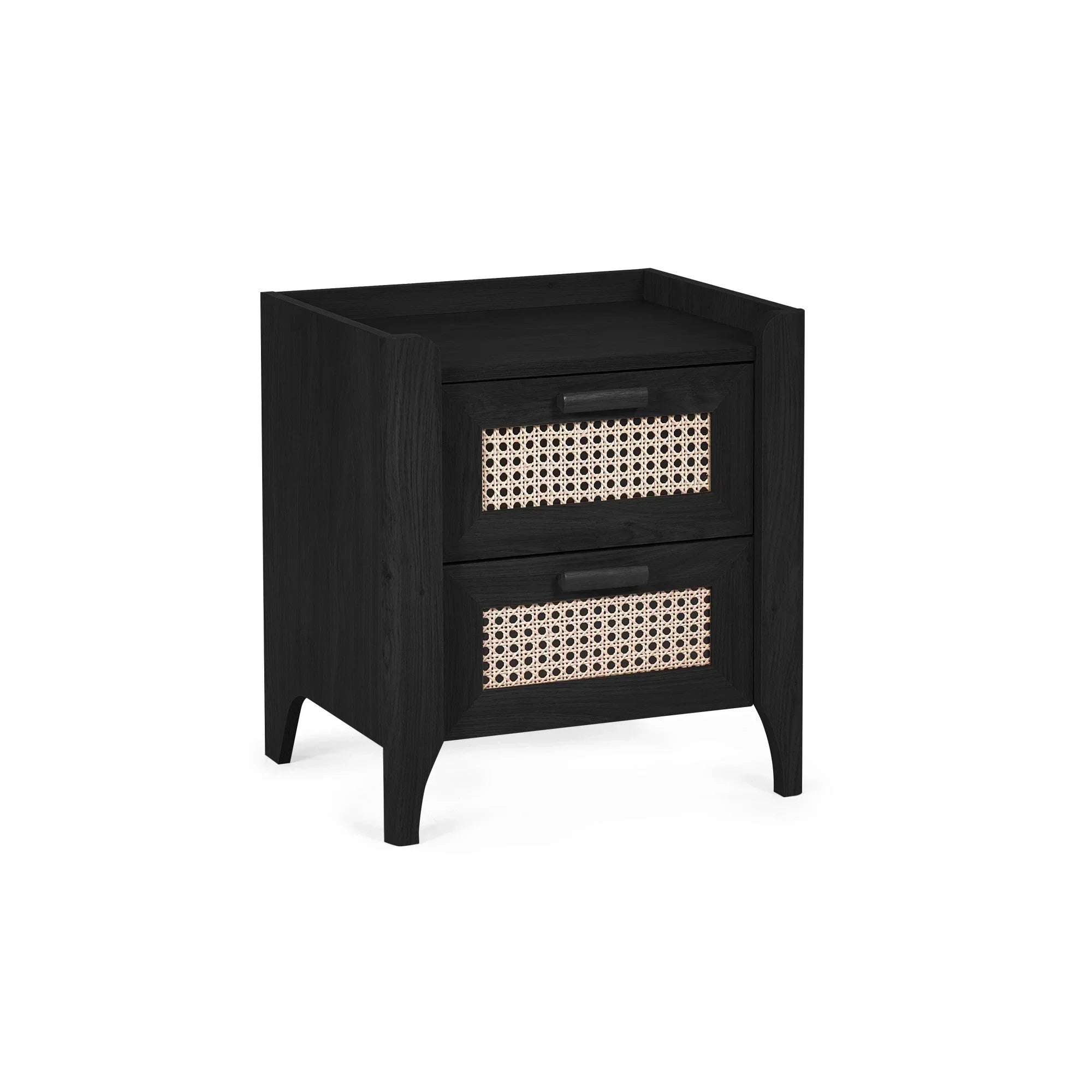 Black rattan effect bedside table with two drawers and woven cane panels, studio cutout view