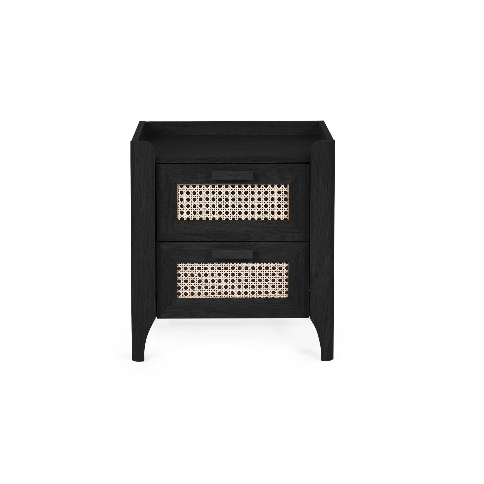 Sydney rattan effect black ash 2 drawer bedside table with cane front details, front view