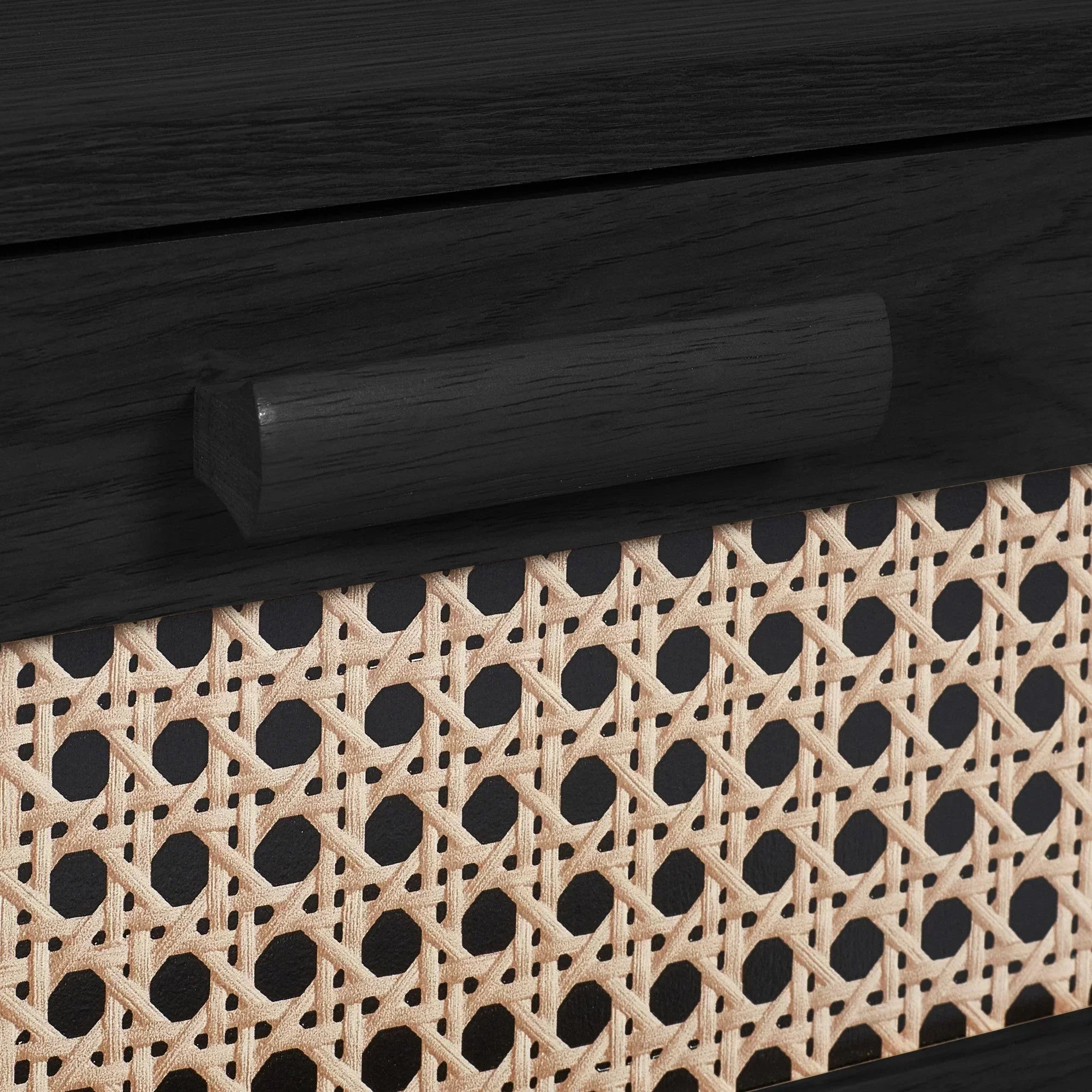 Sydney rattan effect black ash bedside table drawer close-up showing woven detail