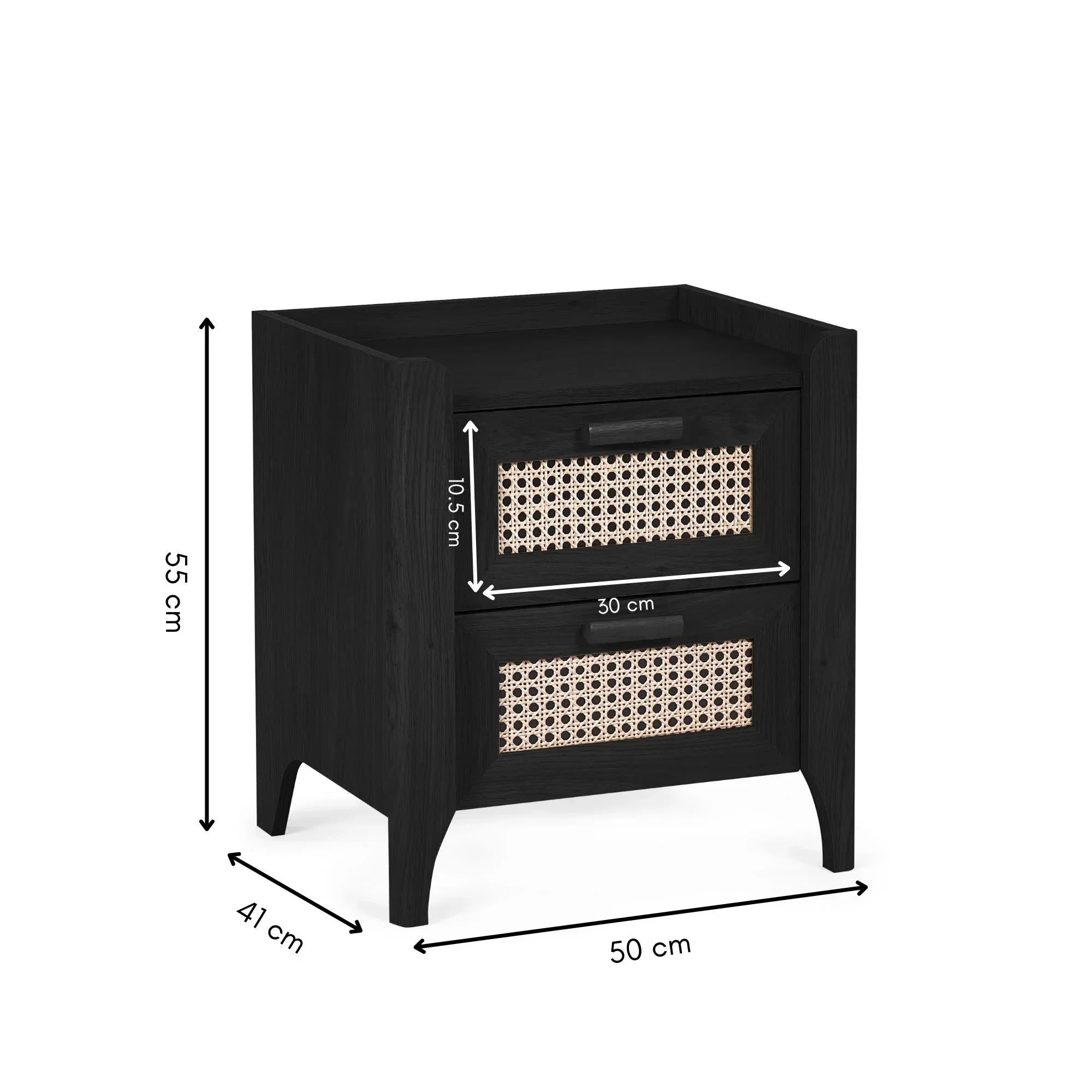 Black wooden bedside table with two rattan drawers and visible product dimensions