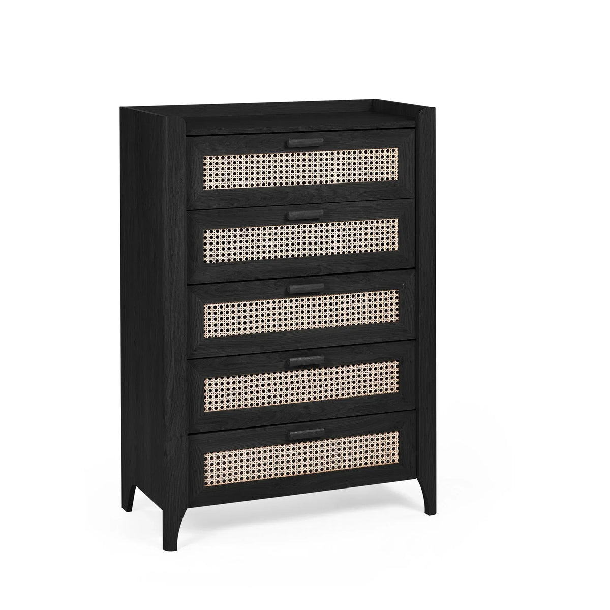 Black ash rattan effect 5 drawer chest with cane drawer fronts, angled side view