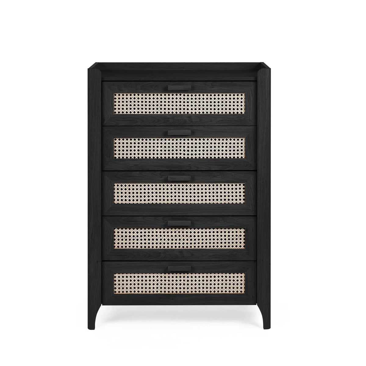 Black rattan effect 5 drawer chest with cane panel fronts and square edges