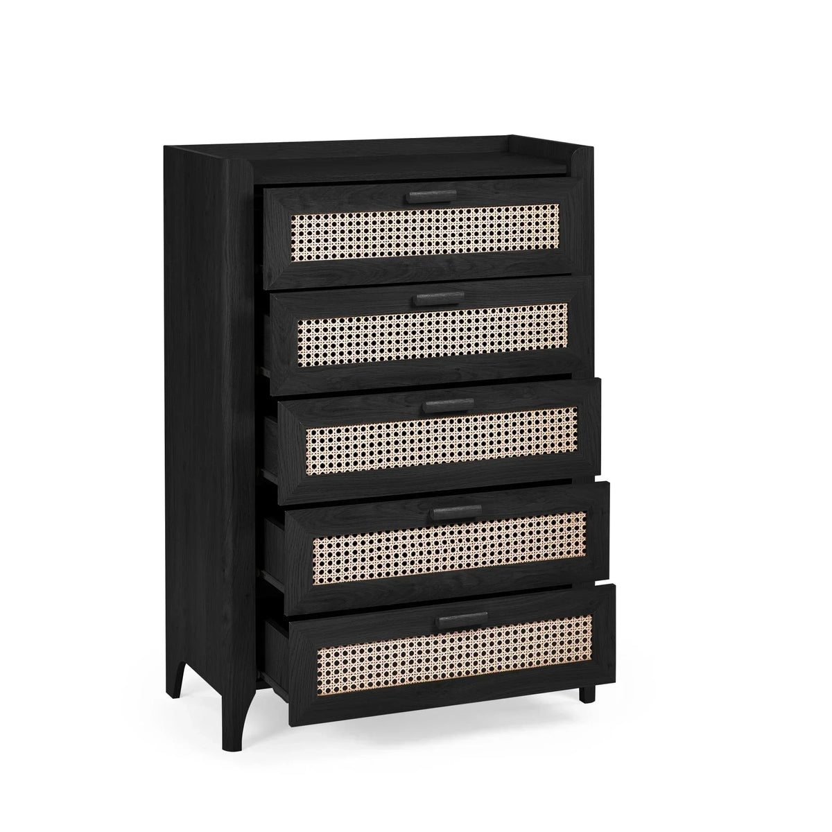 Black rattan effect 5 drawer chest with woven drawer fronts and all drawers open