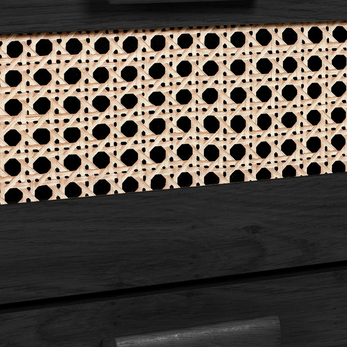 Sydney rattan effect drawer chest closeup showing black ash wood and woven panel detail