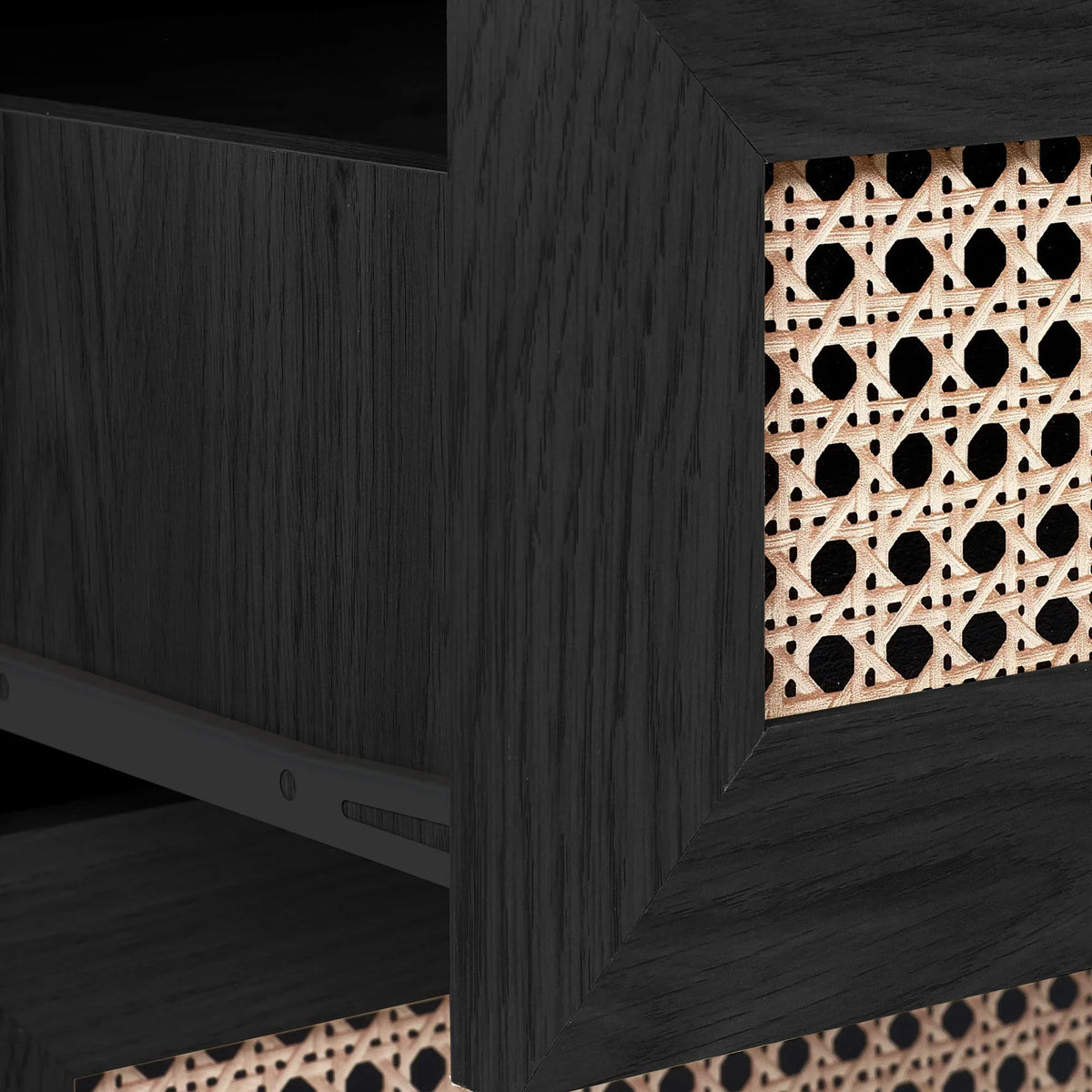 Closeup of Sydney rattan effect black ash chest showing textured drawer front detail