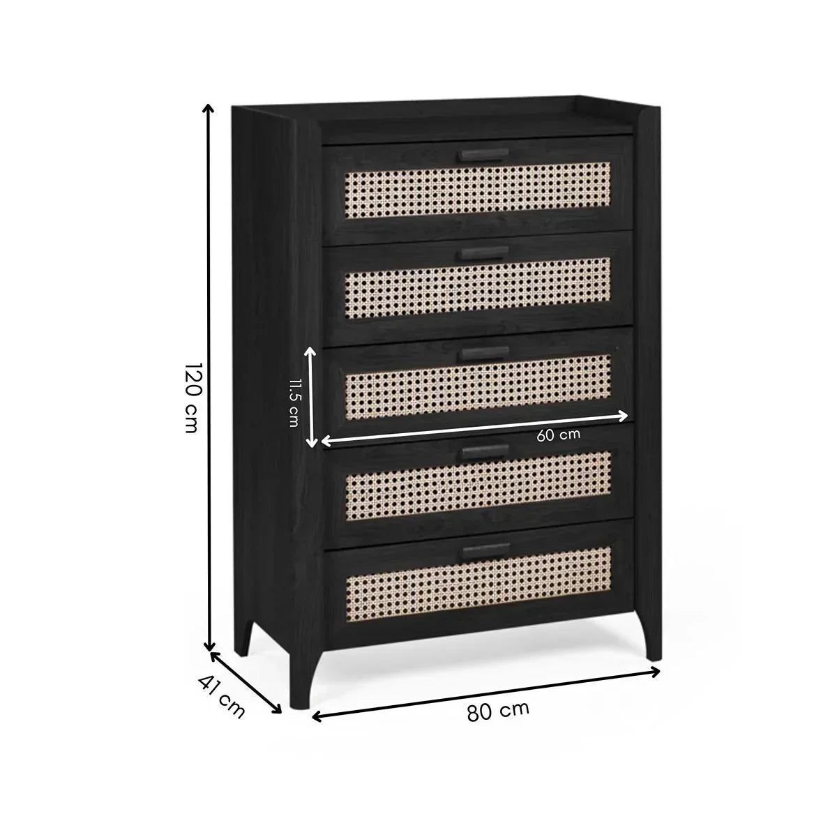 Black wooden chest of drawers with rattan fronts and size dimensions shown