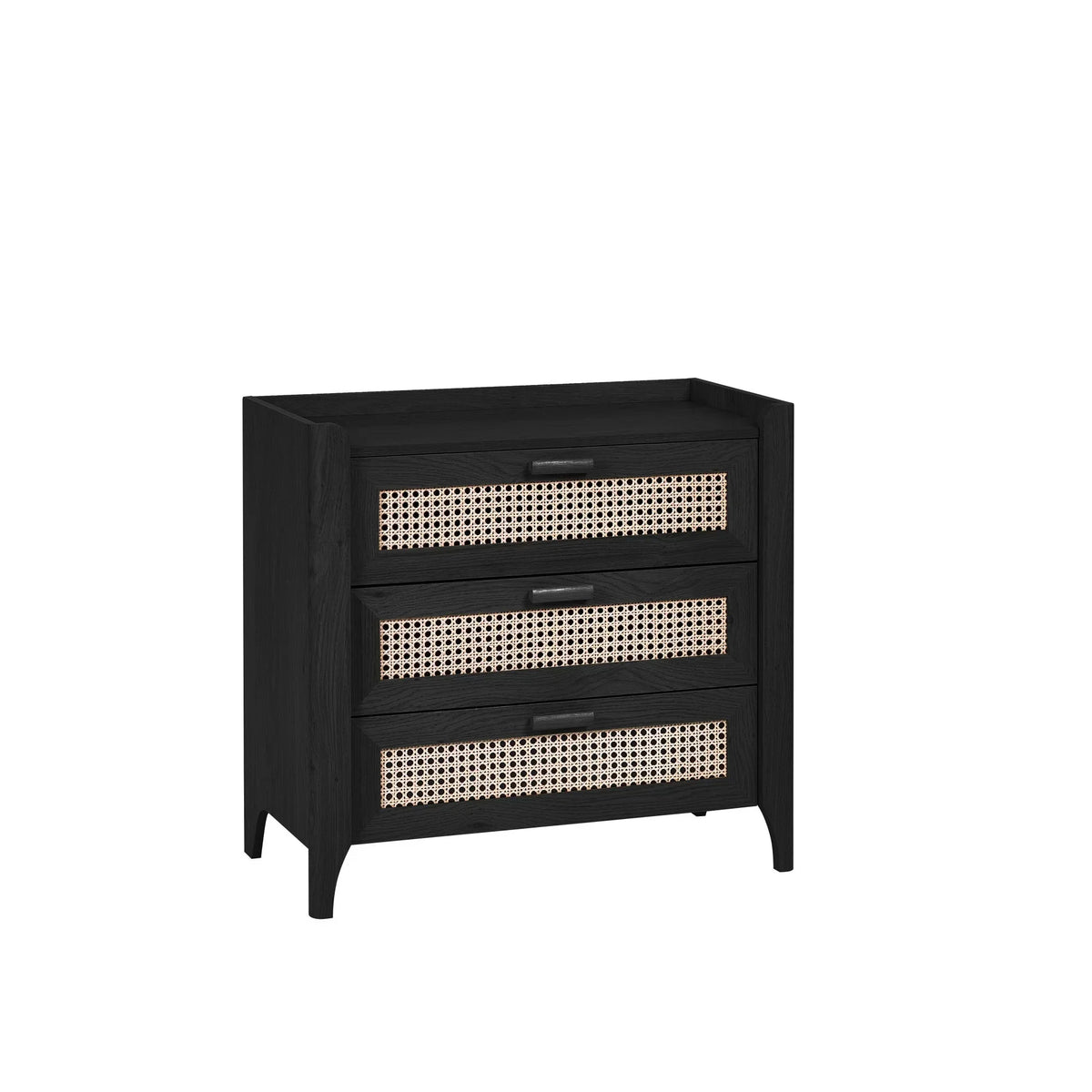 Black rattan effect three drawer chest with cane front panels on white background