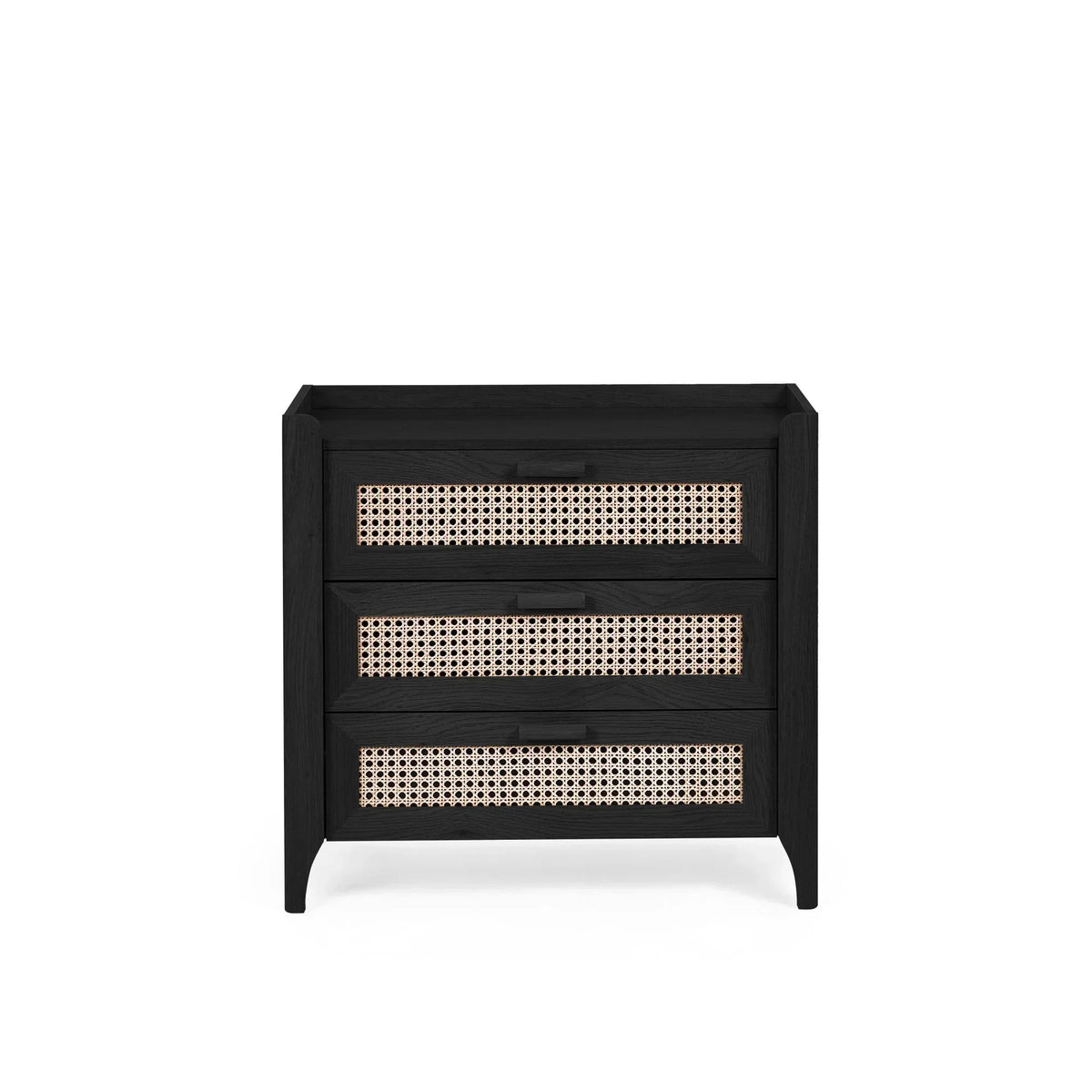 Black rattan effect three drawer chest with woven cane fronts on white background