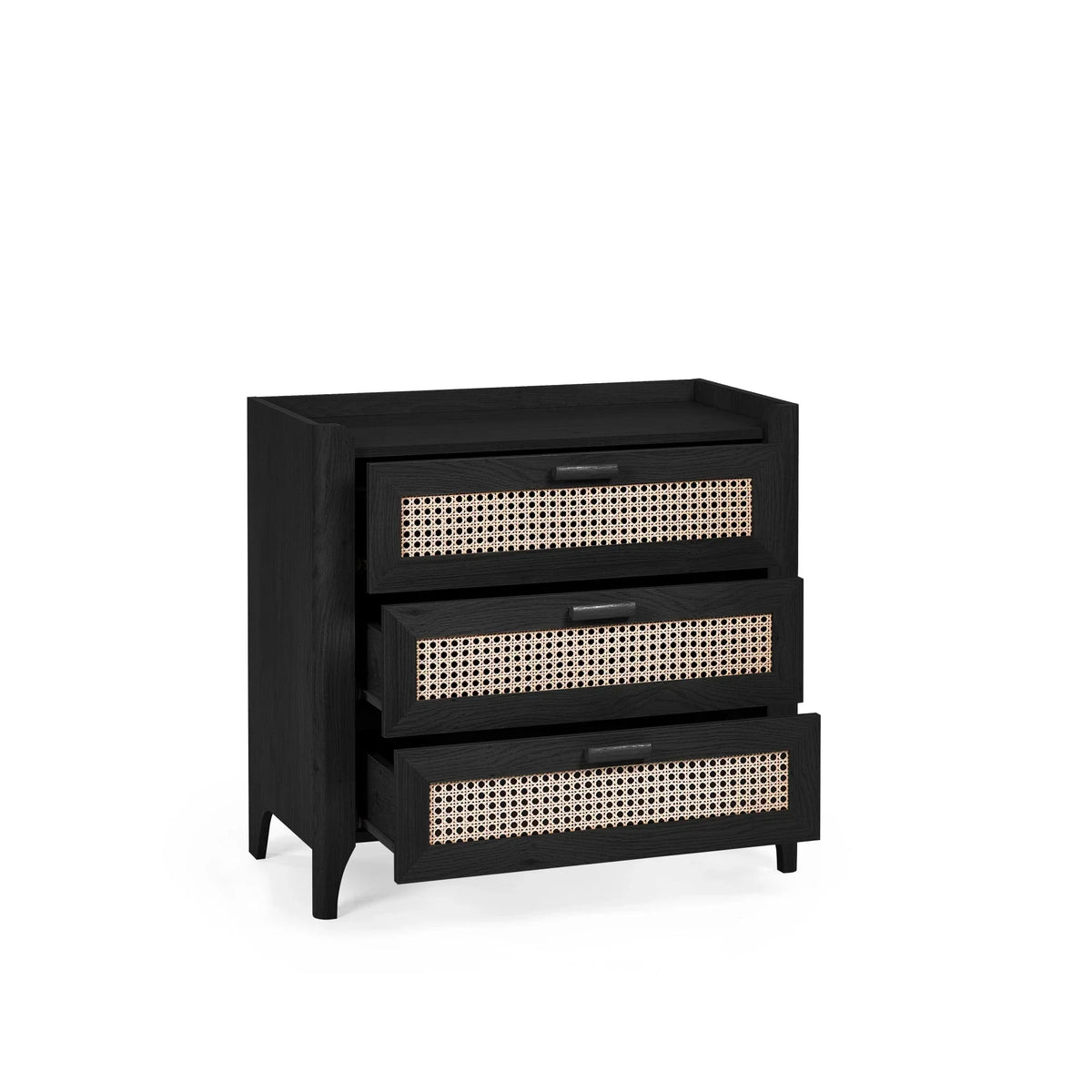 Black rattan effect chest of drawers with three cutout drawers and cane front detail