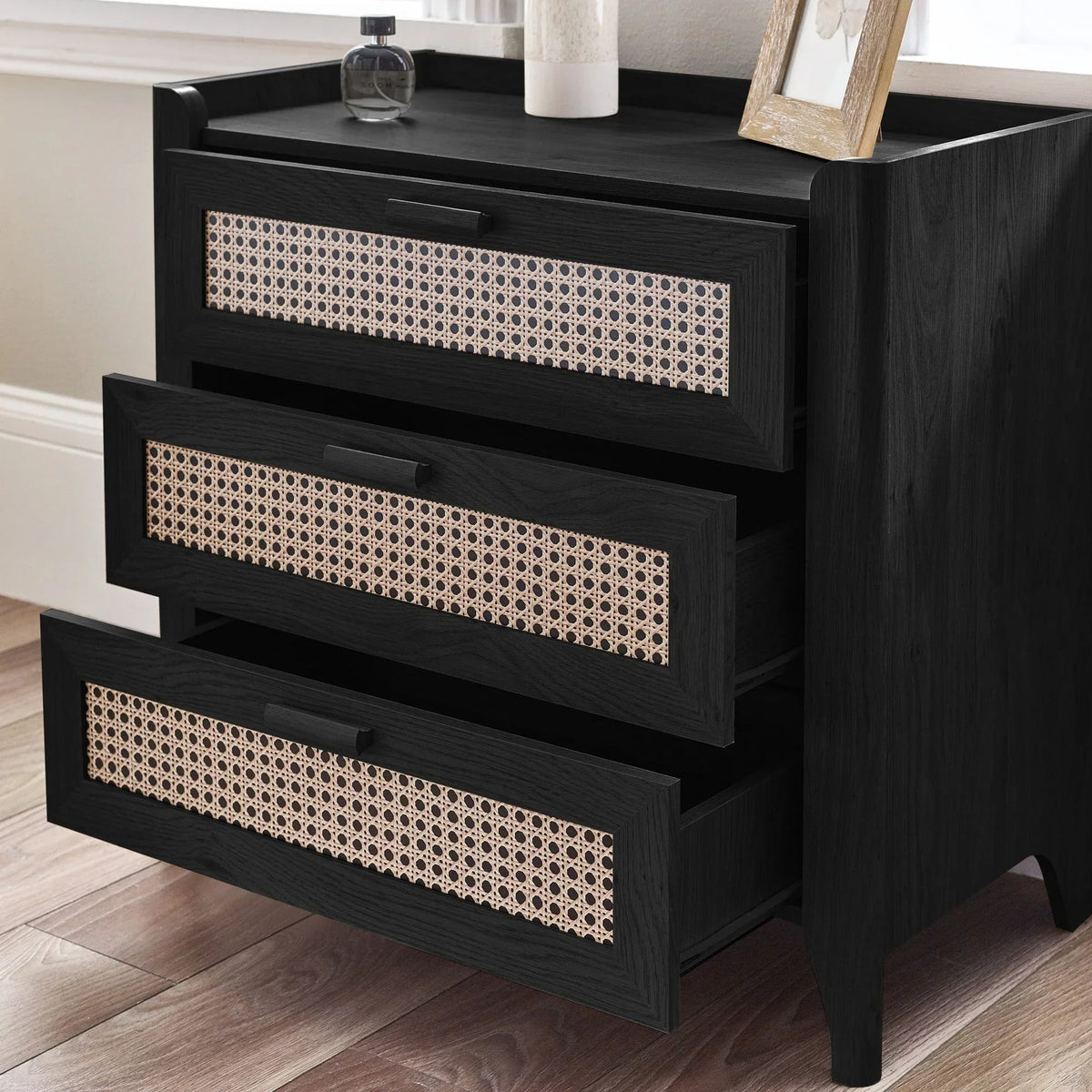Sydney rattan effect black ash 3 drawer chest with open drawers showing cane detail