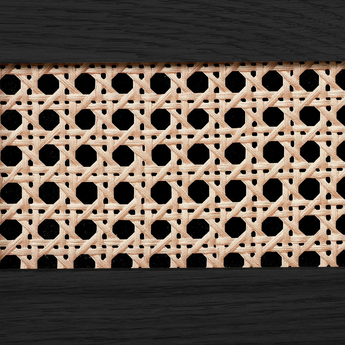 Sydney rattan effect 3 drawer chest close-up showing woven panel and black ash frame