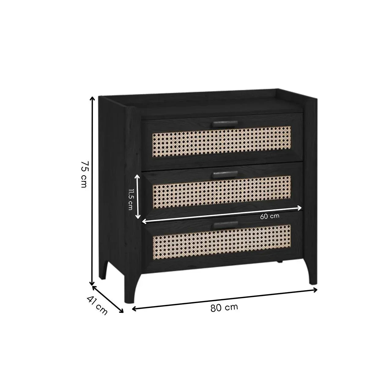 Black rattan chest of drawers with three drawers, showing dimensions 80x41x75cm